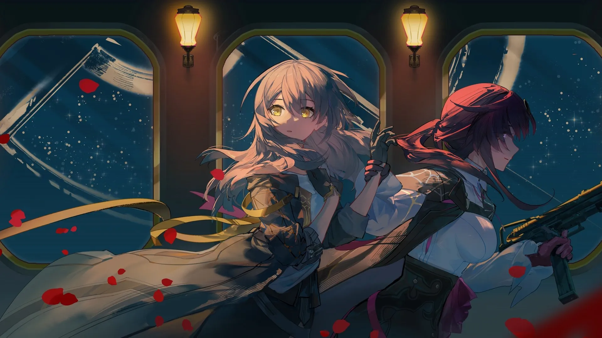 持枪女孩 长发 动漫 动漫女孩 武器 灯 白发 花瓣 枪 跑步 手套 电脑壁纸 4K壁纸