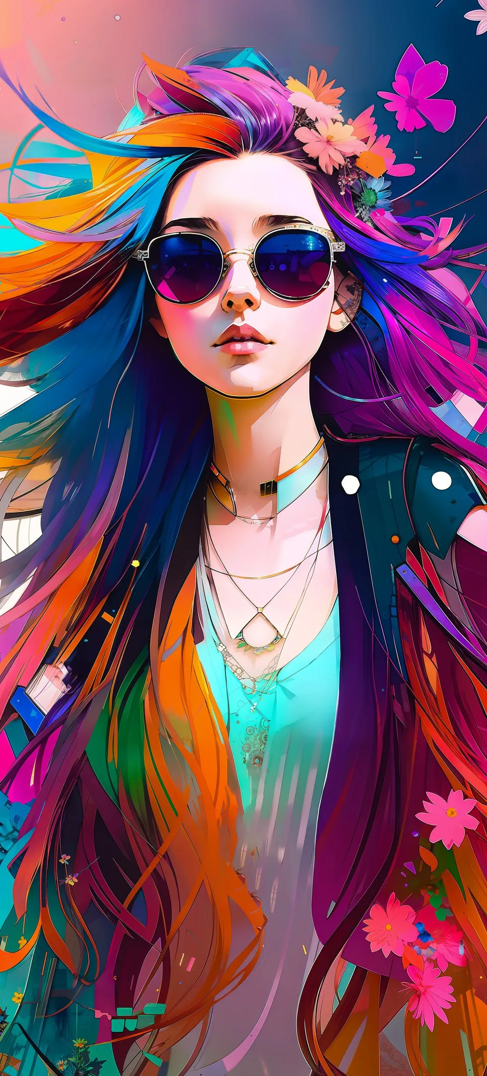 太阳镜 鲜花 头发中的花 手机壁纸 4K壁纸