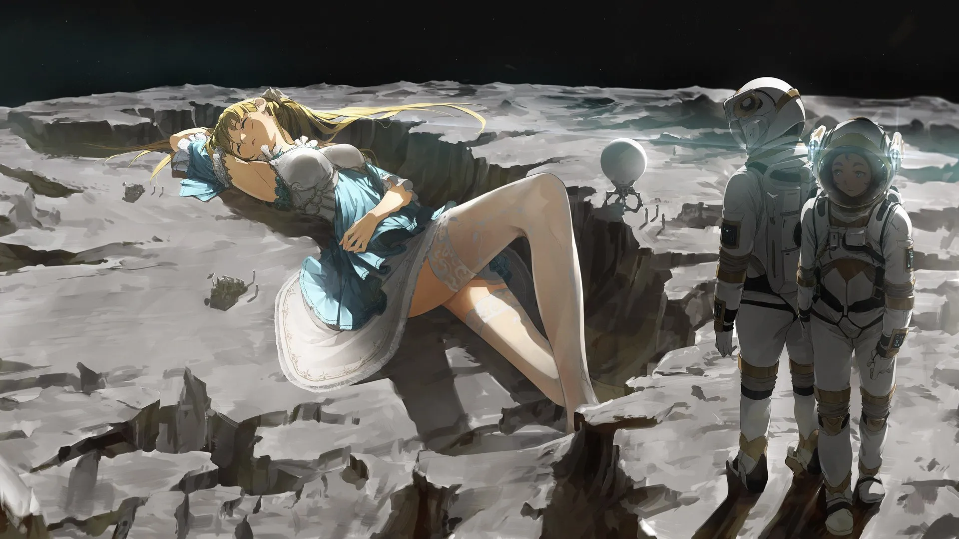 长发 闭眼 胜津 原创人物 动漫 动漫女孩 月亮 星星 宇航服 电脑壁纸 4K壁纸