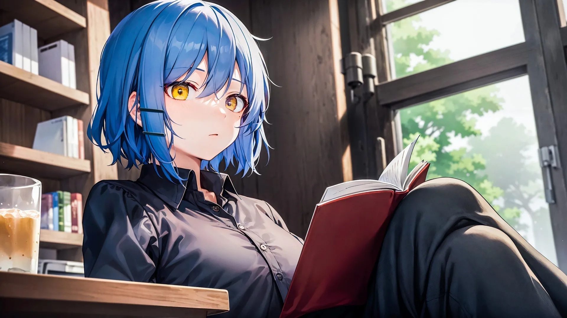 山田亮 动漫 看书的女孩 书籍 饮料 窗户 电脑壁纸 4K壁纸