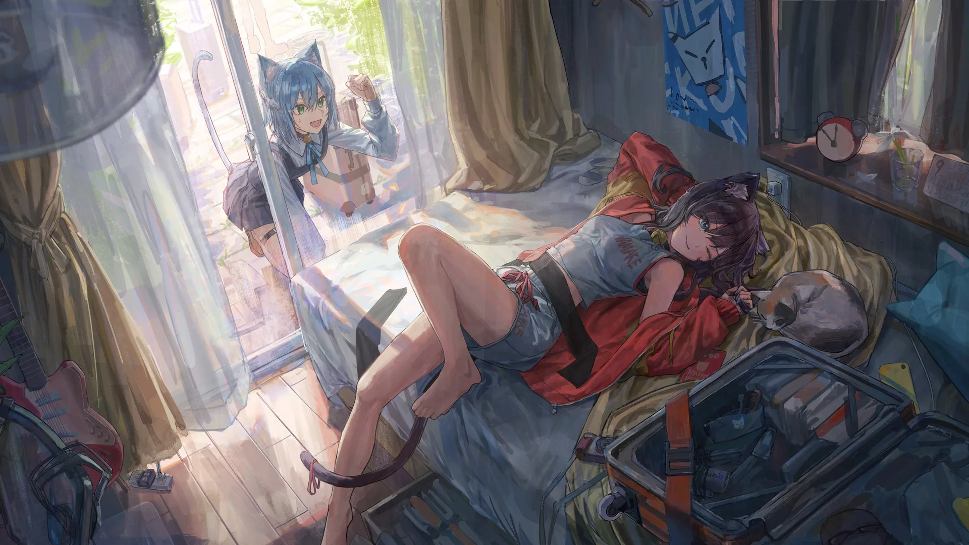 躺着 猫女孩 兽耳 动漫女孩 猫耳朵 猫尾巴 电脑壁纸 4K壁纸