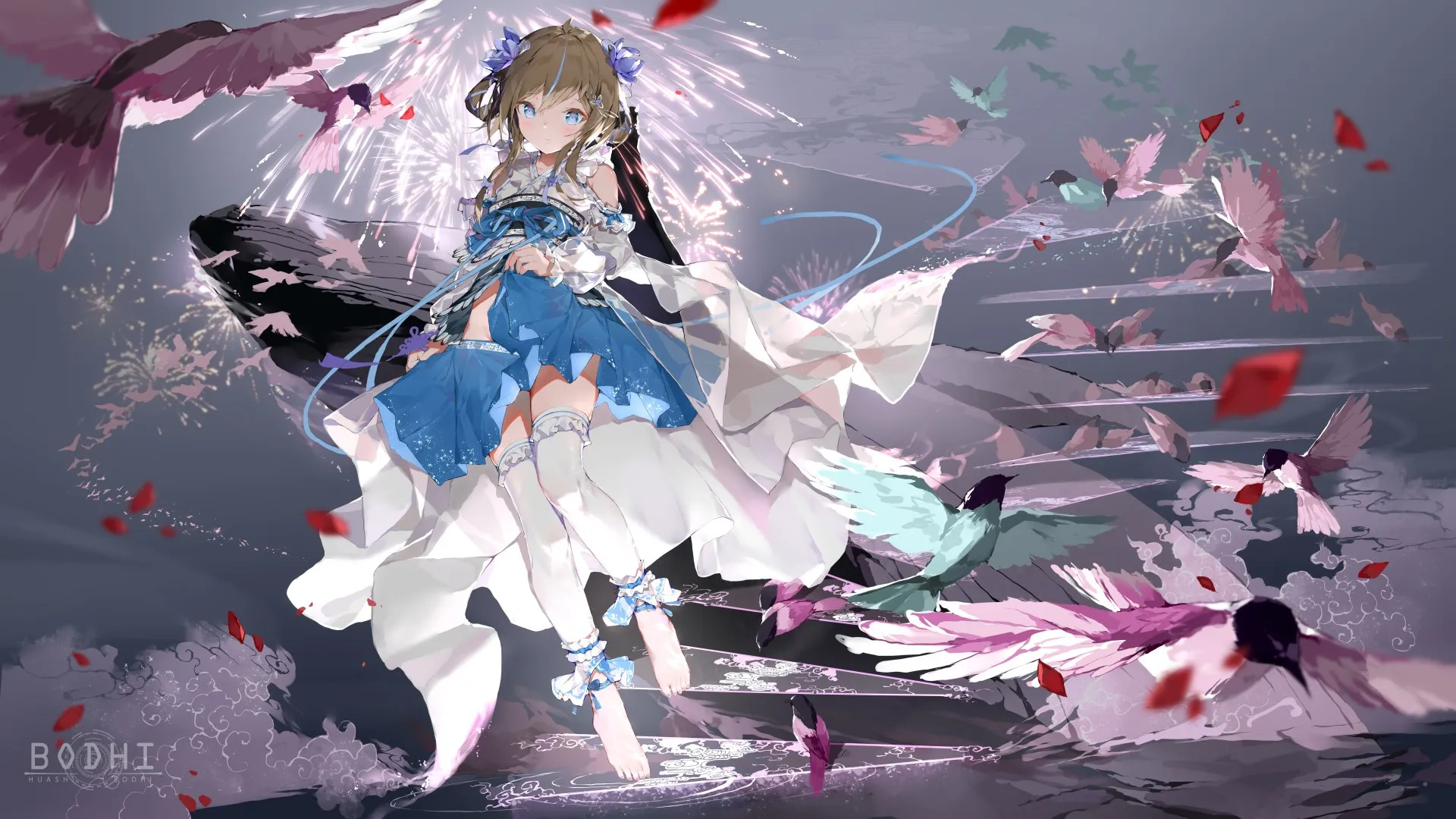 菩提武圣花 升降服 蓝眼睛 菩提 兰花 鸟 烟花 动漫女孩 电脑壁纸 8K壁纸