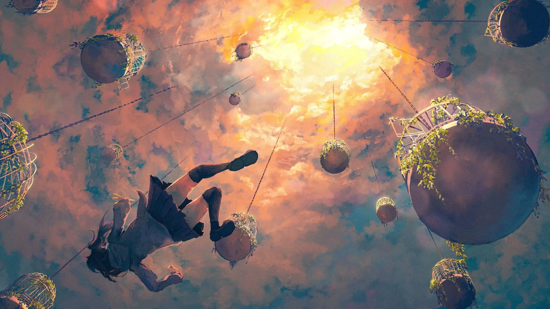 坠落 动漫女孩 低角 天空 兜帽 云 电脑壁纸 4K壁纸