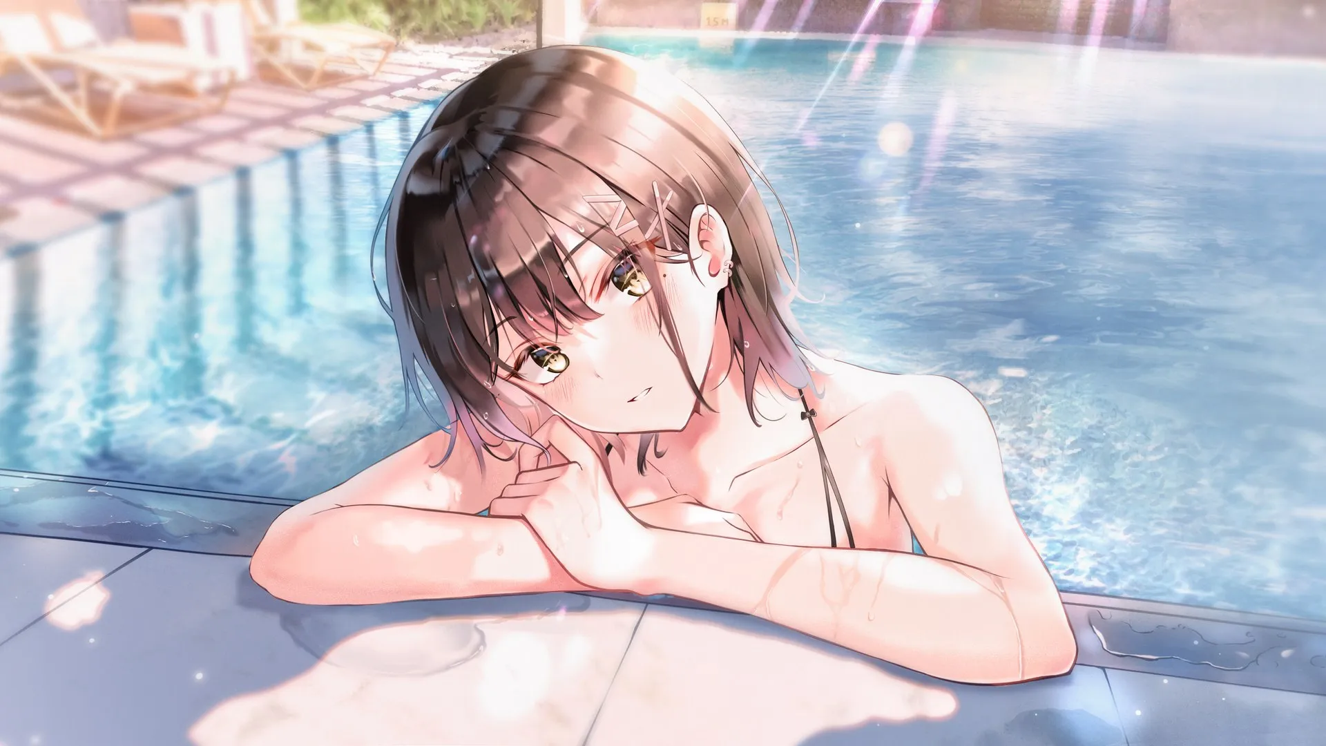 动漫 动漫女孩 艺术作品 棕色眼睛 游泳池 电脑壁纸 4K壁纸