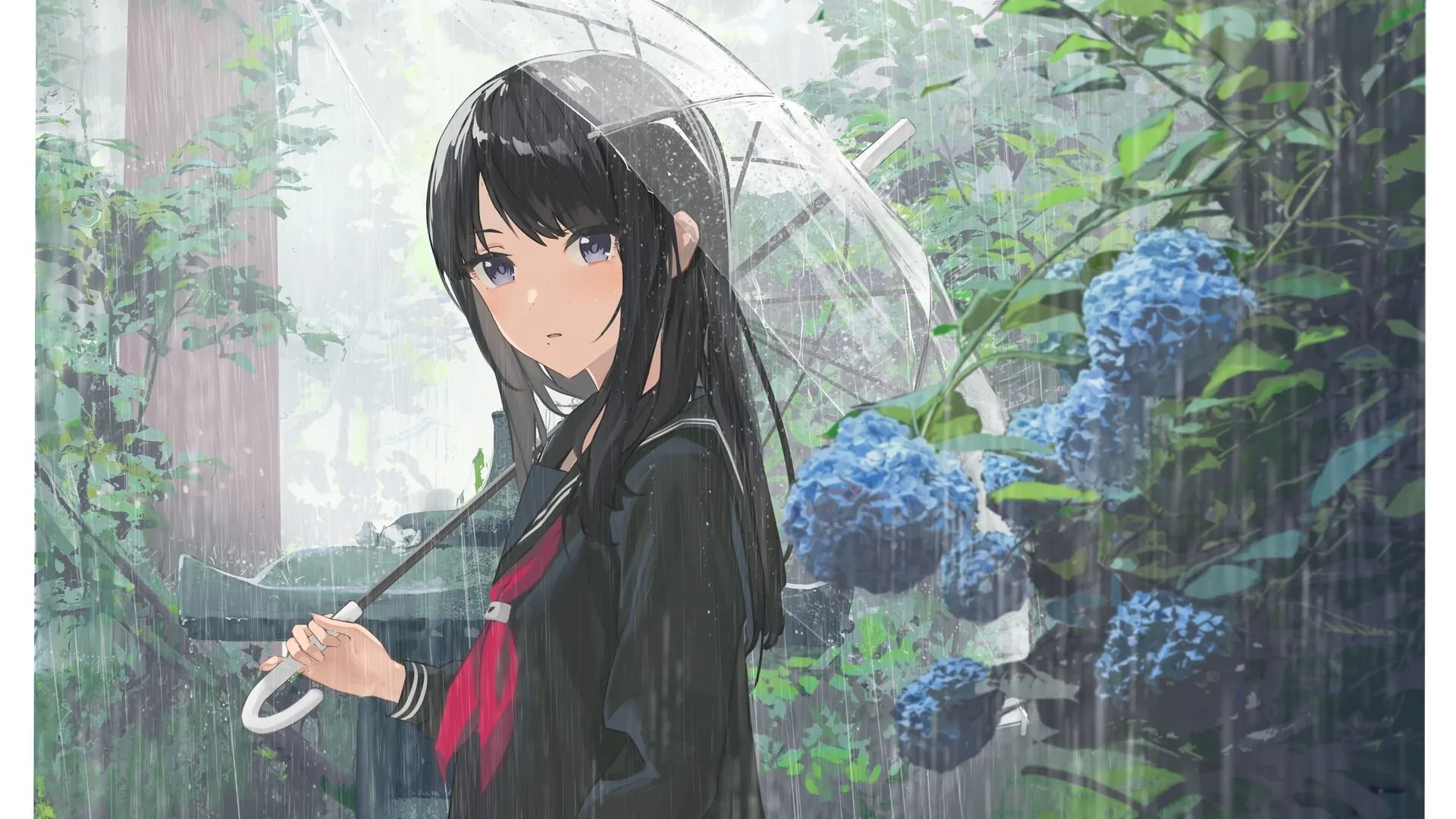 动漫女孩 雨 伞 花 校服 树叶 电脑壁纸 4K壁纸