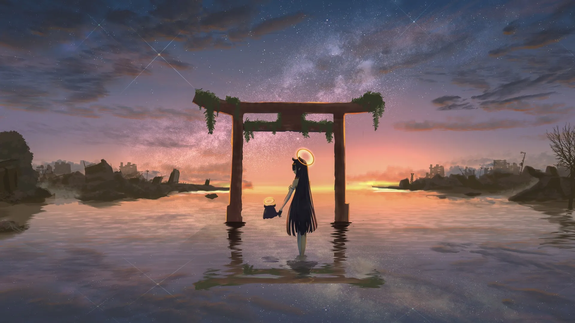 湖里的女孩 光圈 牵手 苔藓的门 电脑壁纸 8K壁纸