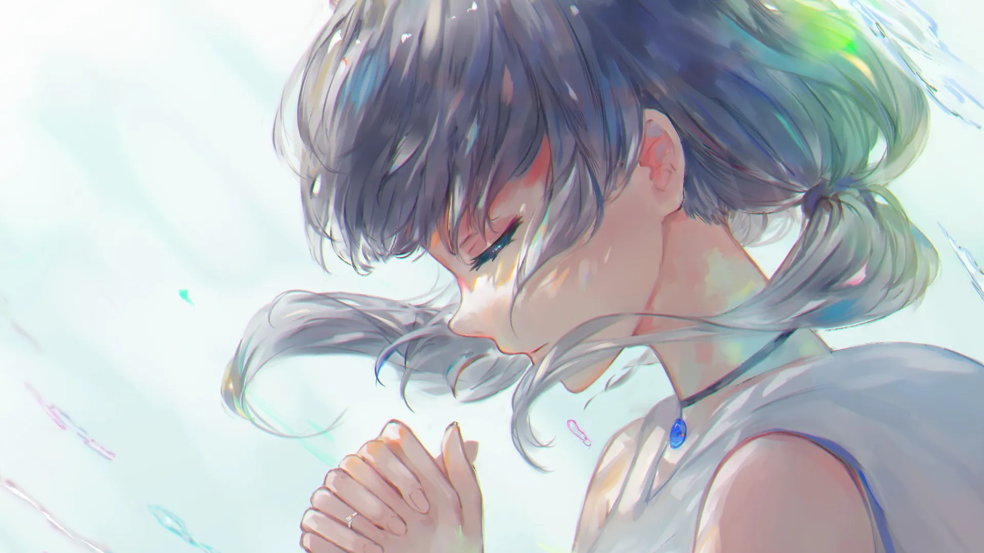 双手合十 动漫 动漫女孩 白色背景 祈祷 电脑壁纸 4K壁纸