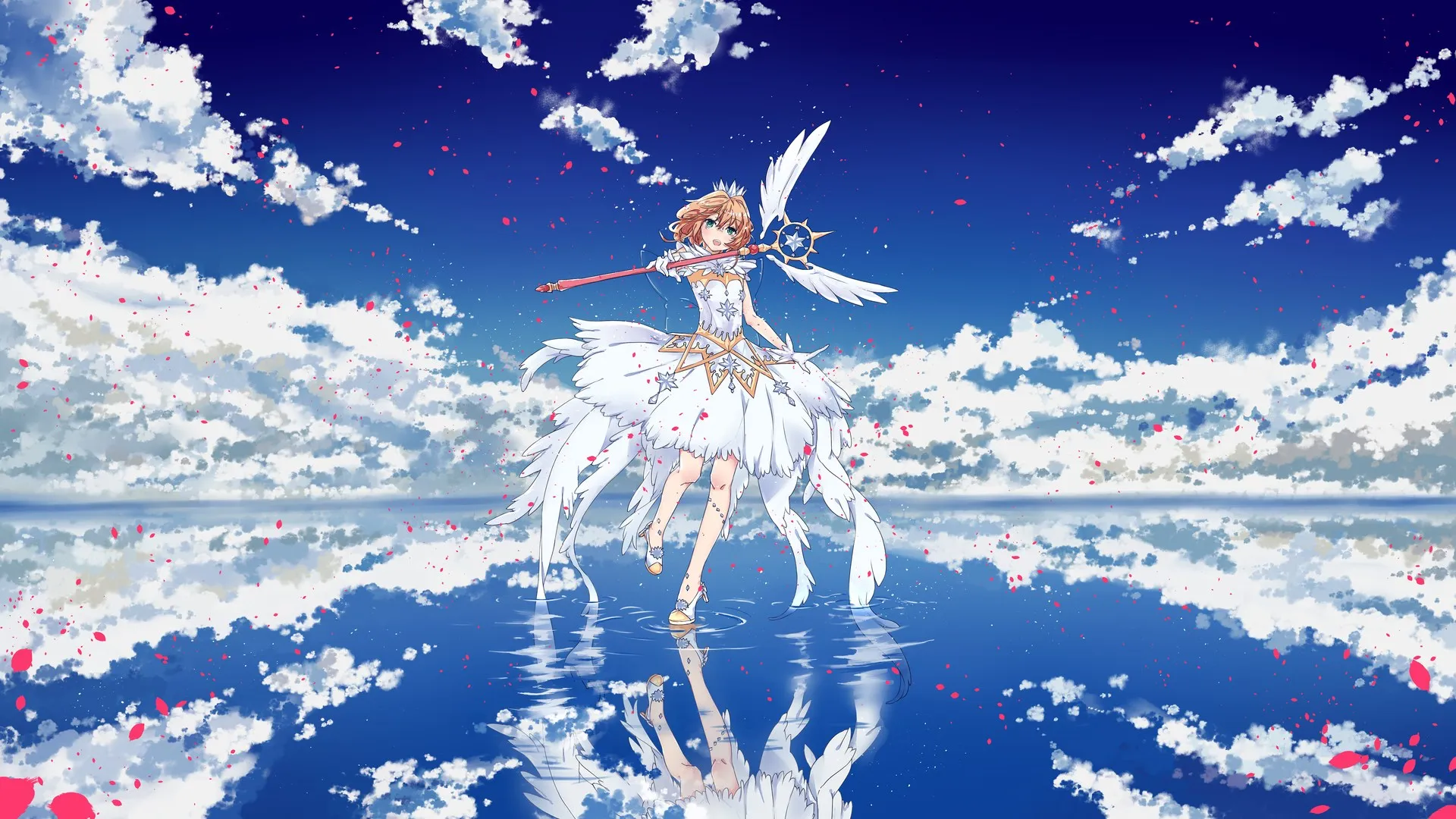 劲韵 动漫 动漫女孩 云 镜面 天空 花瓣 电脑壁纸 4K壁纸