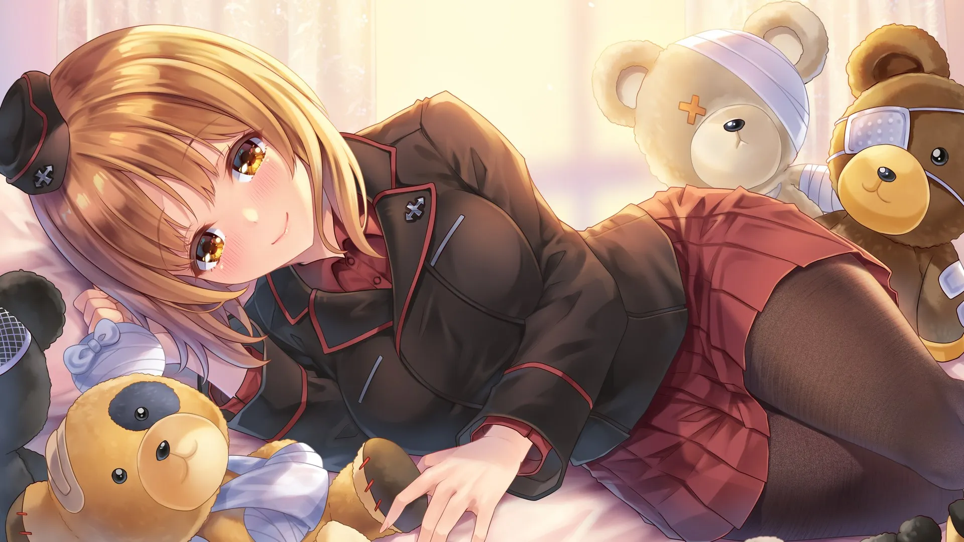 微笑动漫 动漫女孩 帽子 毛绒玩具 泰迪熊 裙子 电脑壁纸 4K壁纸