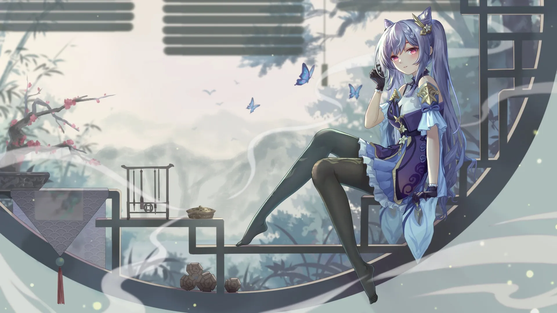 粉色眼睛 紫色头发 长发 动漫女孩 连衣裙 裤袜 电脑壁纸 4K壁纸