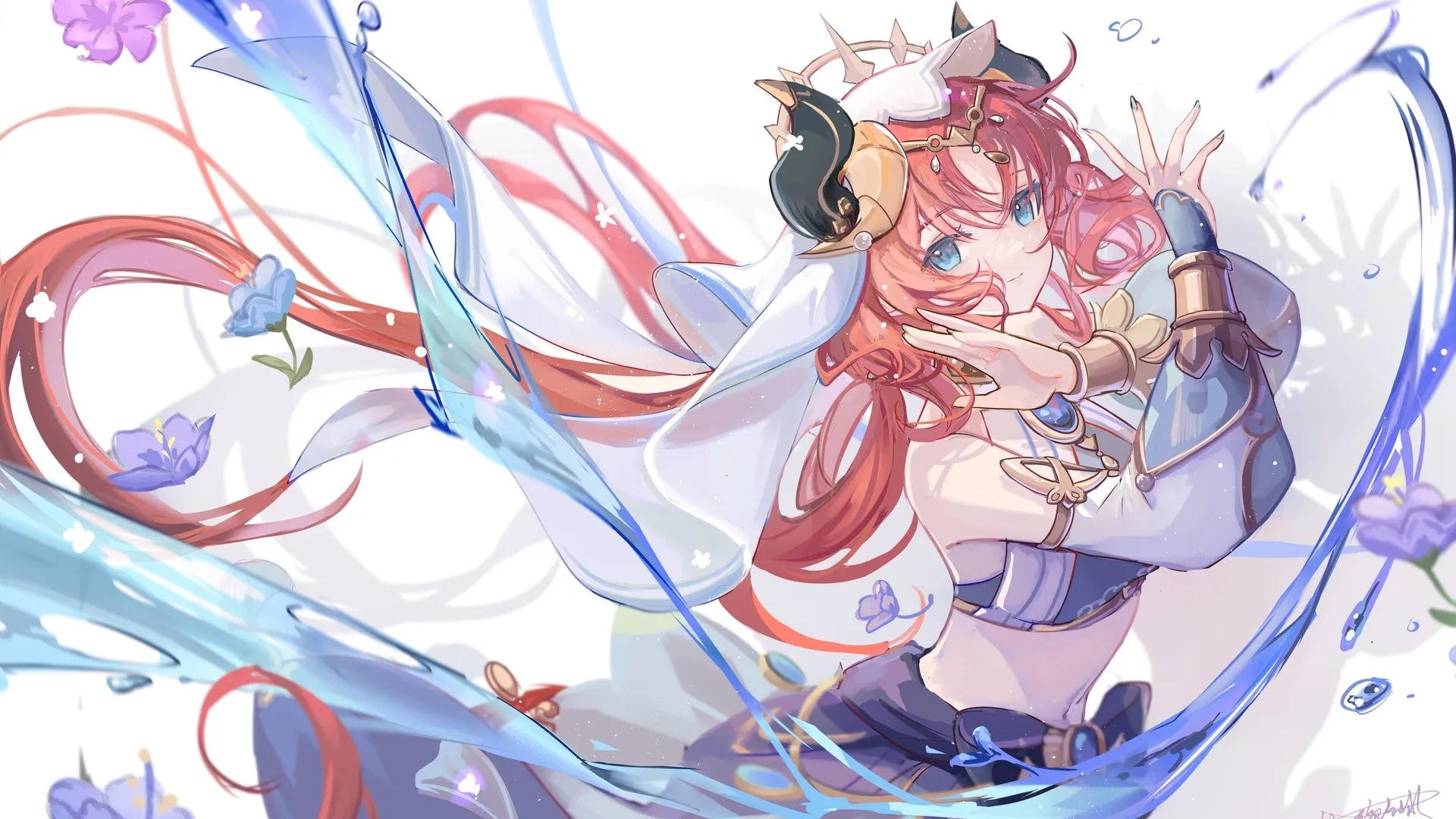 原神 蓝眼睛 红发 动漫 动漫女孩 白色连衣裙 跳舞 电脑壁纸 4K壁纸