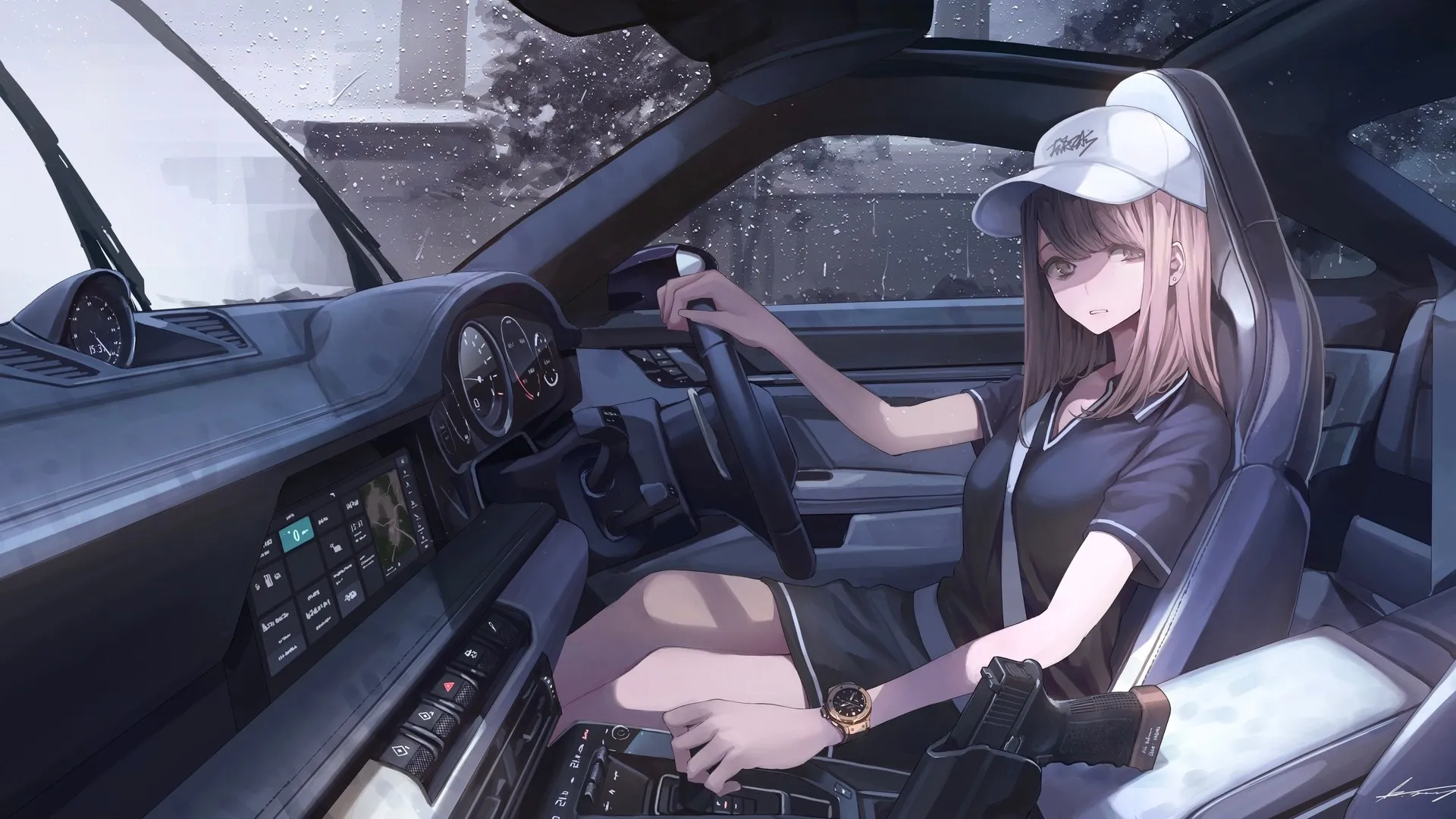 黑发 动漫 动漫女孩 AI艺术 肖像 汽车内饰 保时捷 驾驶 电脑壁纸 4K壁纸