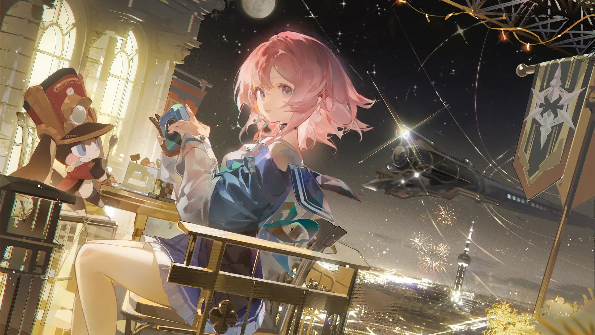 短发 坐着 动漫女孩 相机 城市灯光 烟花 建筑 旗帜 月亮 电脑壁纸 4K壁纸