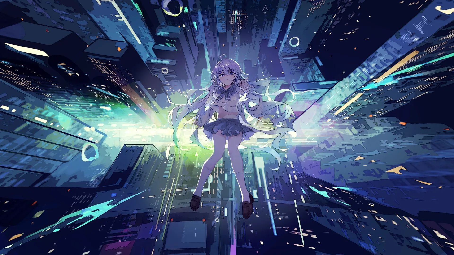 坠落 长发 动漫 动漫女孩 AI艺术 肖像 城市景观 校服 电脑壁纸 4K壁纸