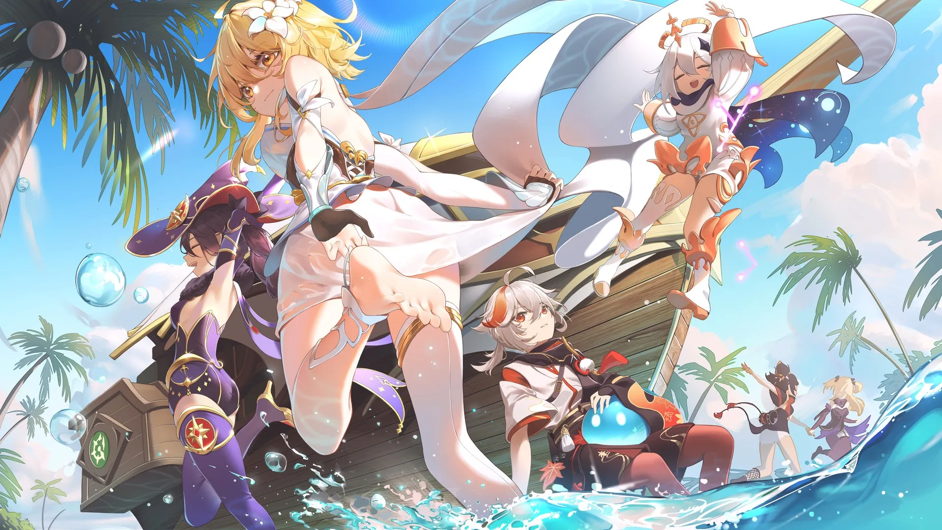 观看者 动漫 动漫女孩 原神海滩 棕榈树 电脑壁纸 8K壁纸