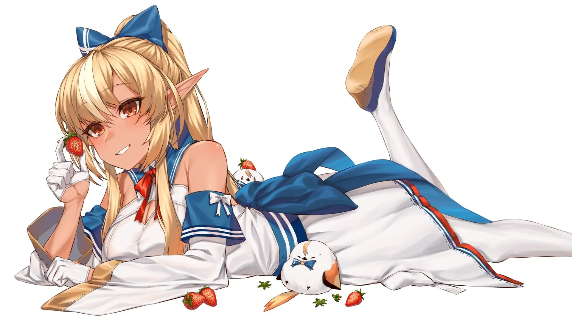 躺在前面 精灵 金发 深色皮肤 简单背景 草莓 棕褐色 动漫女孩 兽耳 电脑壁纸 4K壁纸