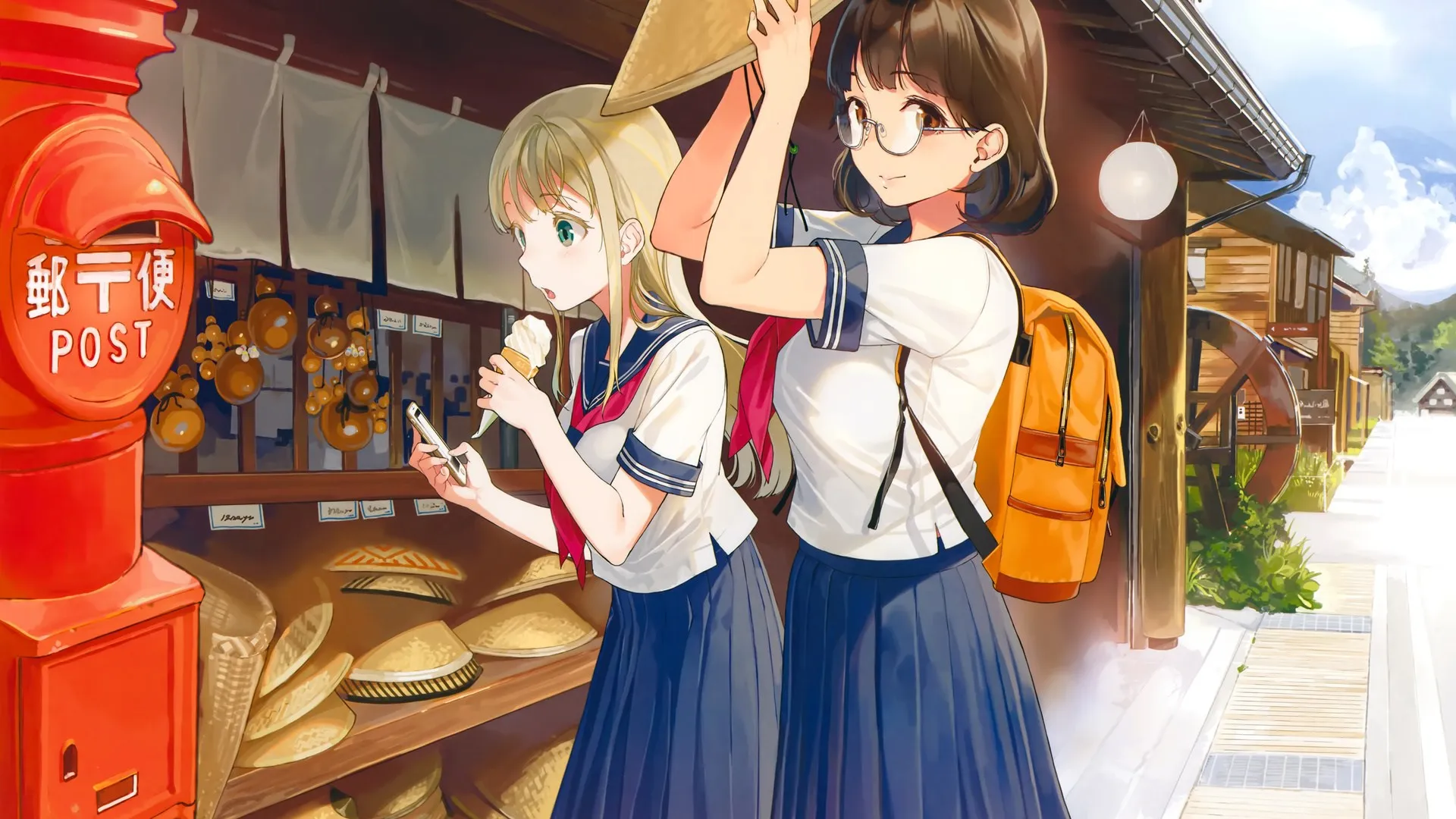 女学生 眼镜 动漫女孩 校服 书包 冰淇淋 电脑壁纸 4K壁纸