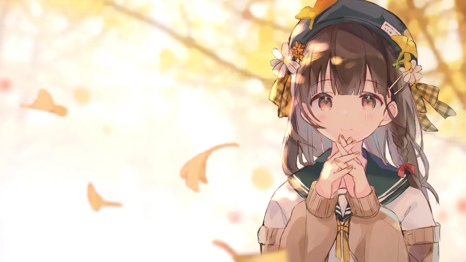 深色头发 动漫 动漫女孩 AI艺术 肖像 秋天 校服 帽子 棕色眼睛 电脑壁纸 4K壁纸