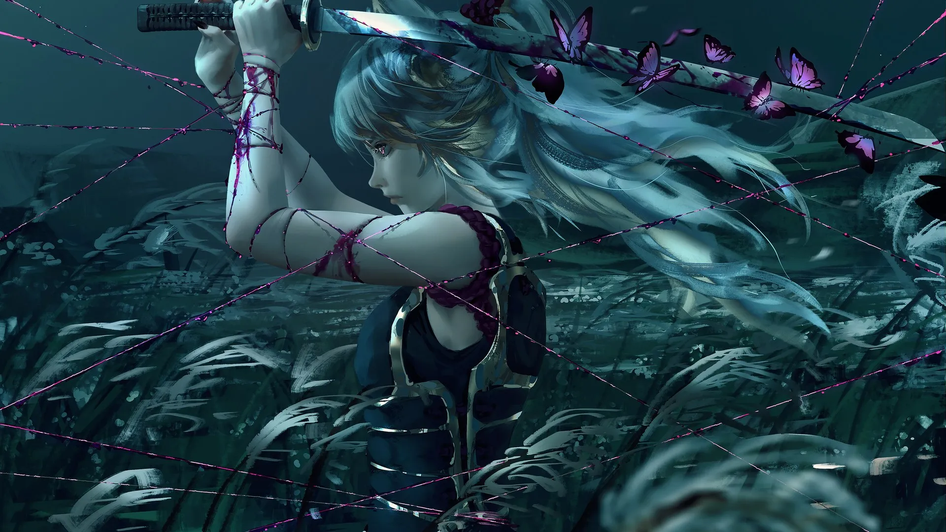 动漫女孩 蝴蝶 剑 线 电脑壁纸 4K壁纸