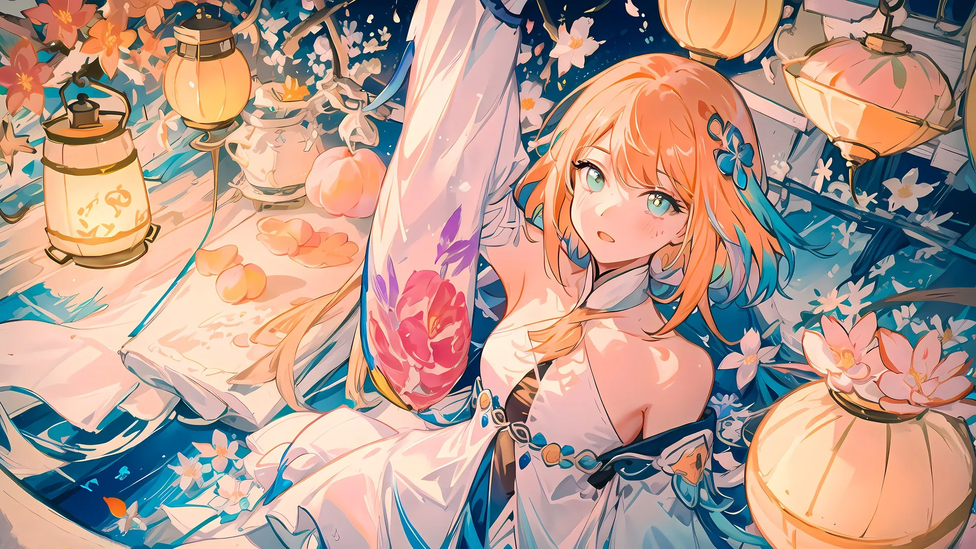 渐变头发 蓝眼睛 短发 桃花 灯笼 动漫女孩 双色调头发 电脑壁纸 4K壁纸