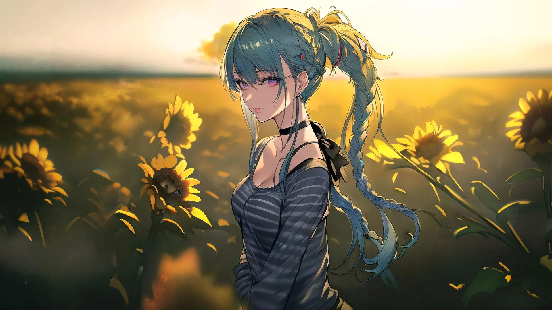 女性 原创角色 辫子 蓝色头发 动漫 动漫女孩 向日葵 电脑壁纸 8K壁纸