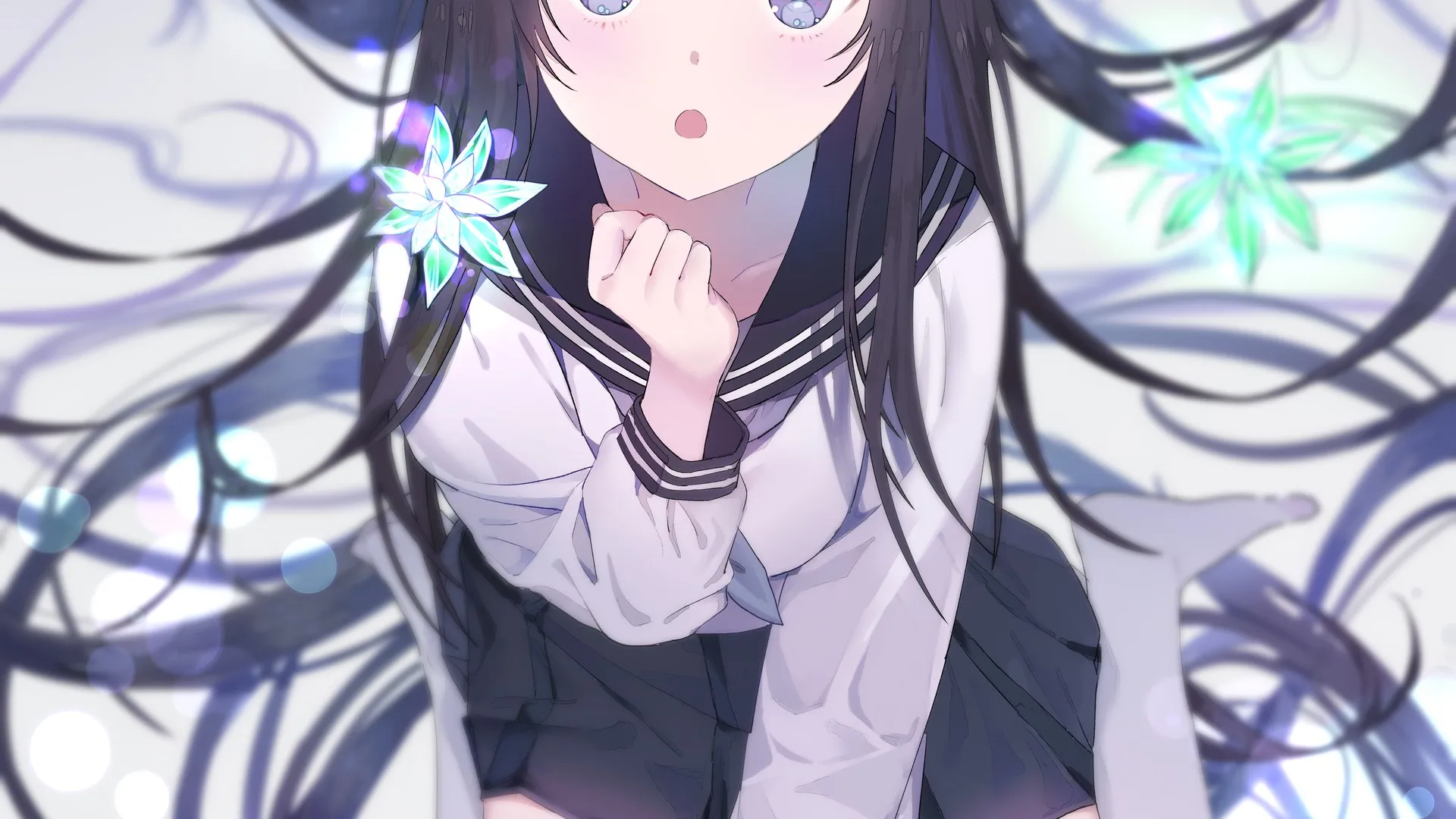 长发 跪着 深色头发 深色眼睛 嘴巴 动漫 动漫女孩 手机壁纸 4K壁纸