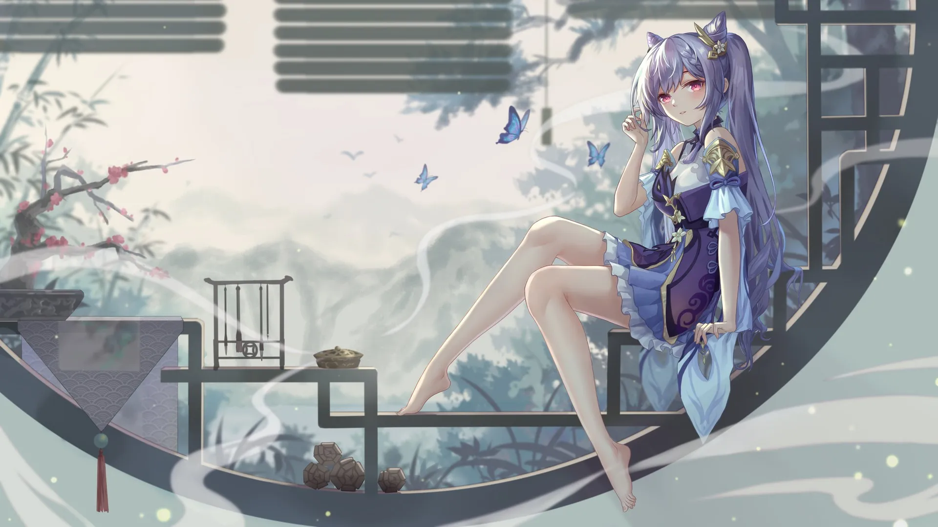 赤脚 紫色头发 长发 粉色眼睛 原神 科清 原神 动漫女孩 连衣裙 电脑壁纸 4K壁纸