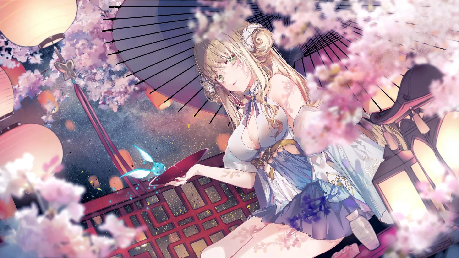 金发 绿眼睛 动漫 动漫女孩 雨伞 樱花 电脑壁纸 4K壁纸