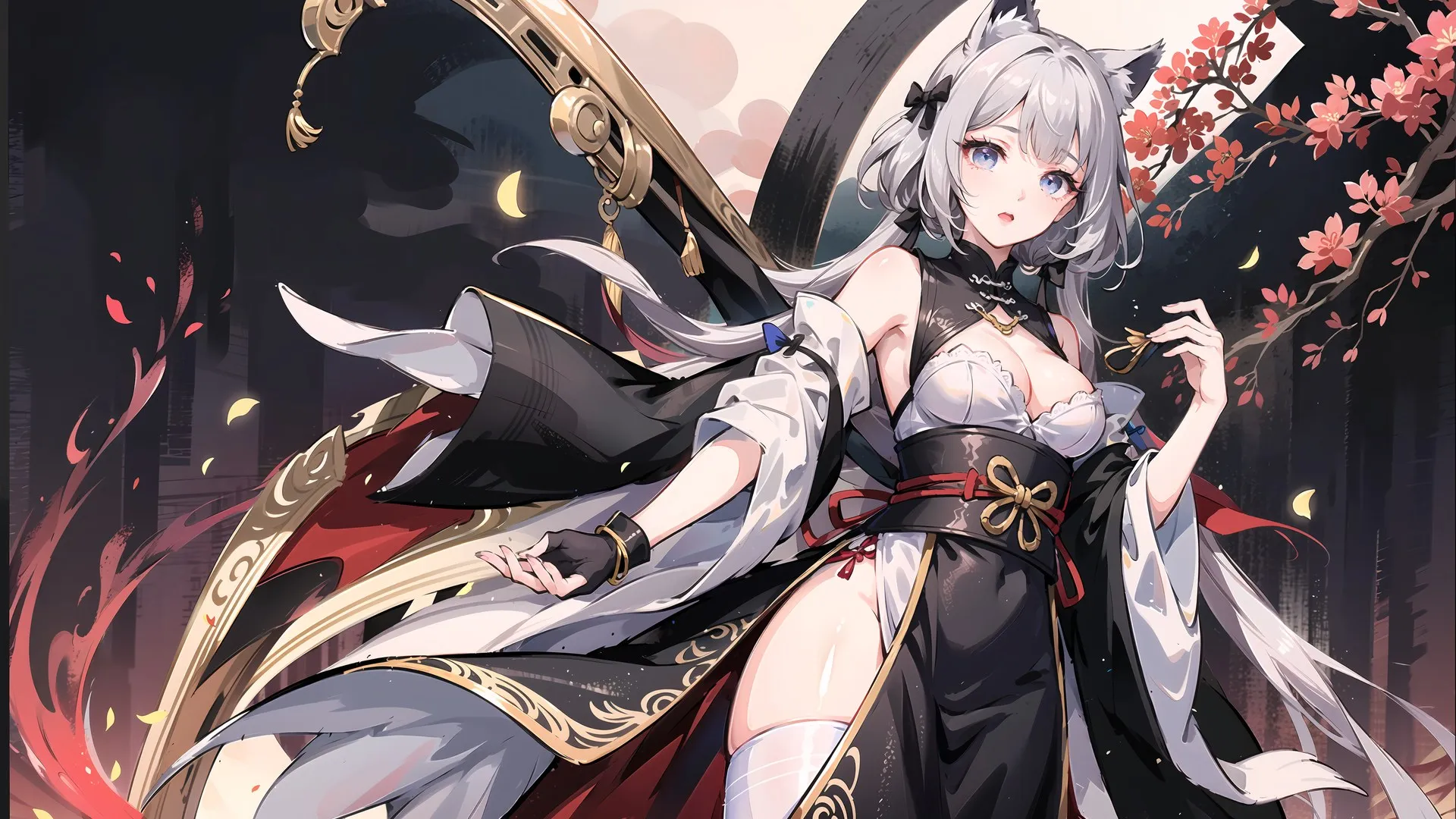 猫耳朵 动漫女孩 兽耳 鲜花 花瓣 连衣裙 长袜 双尾 电脑壁纸 4K壁纸