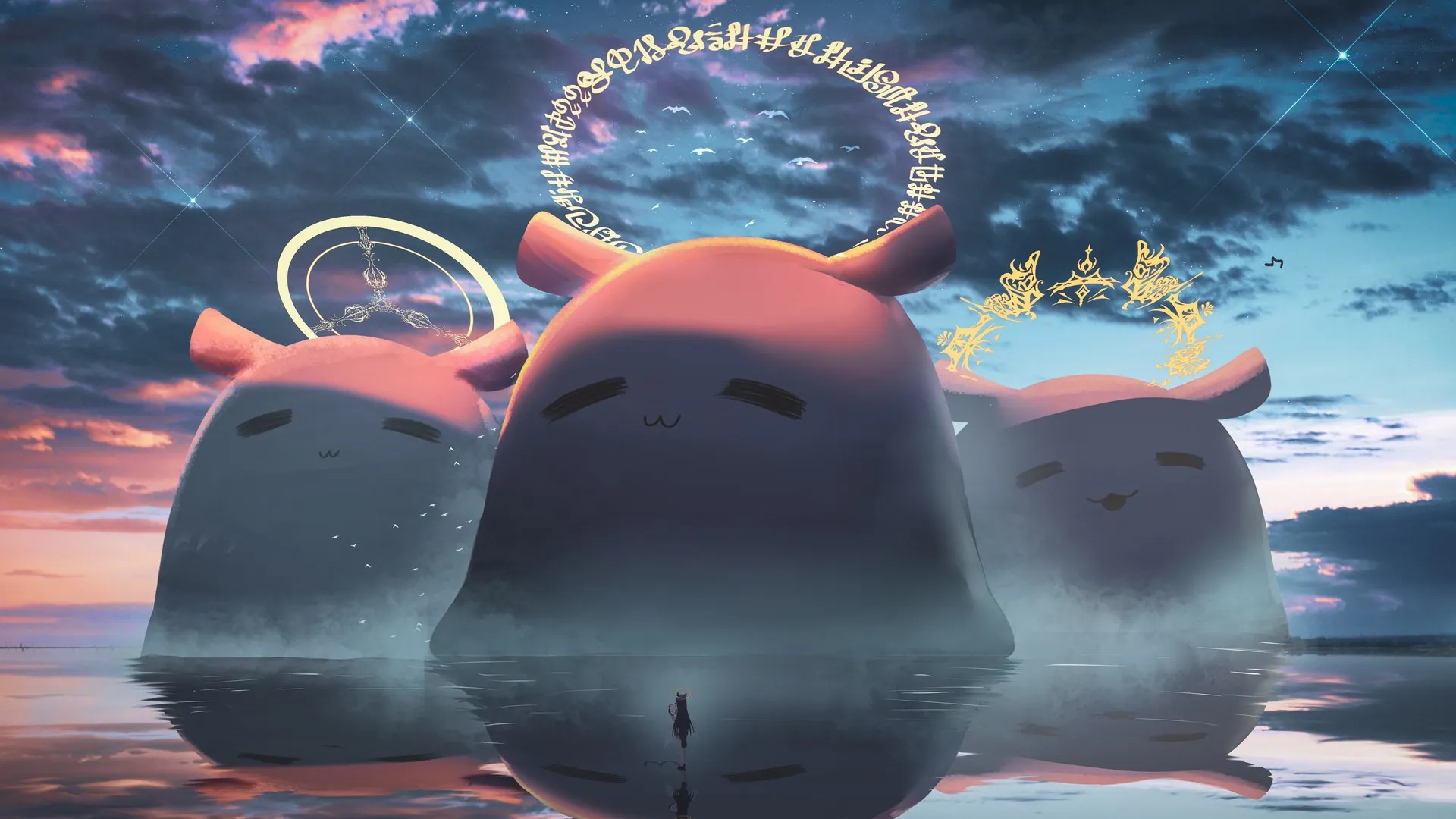 虚拟 全息 动漫女孩 AI艺术 反射 水 云 电脑壁纸 4K壁纸