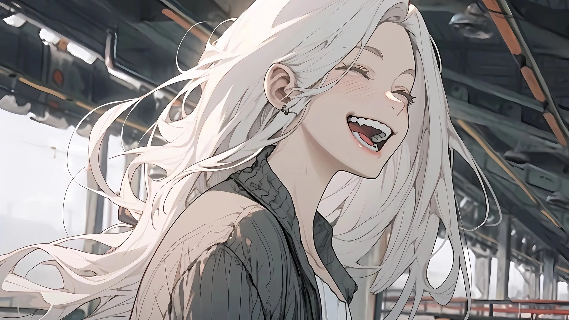 快乐 大笑 白发 牙齿 嘴巴 闭着眼睛 长发 人工智能艺术 动漫女孩 电脑壁纸 4K壁纸