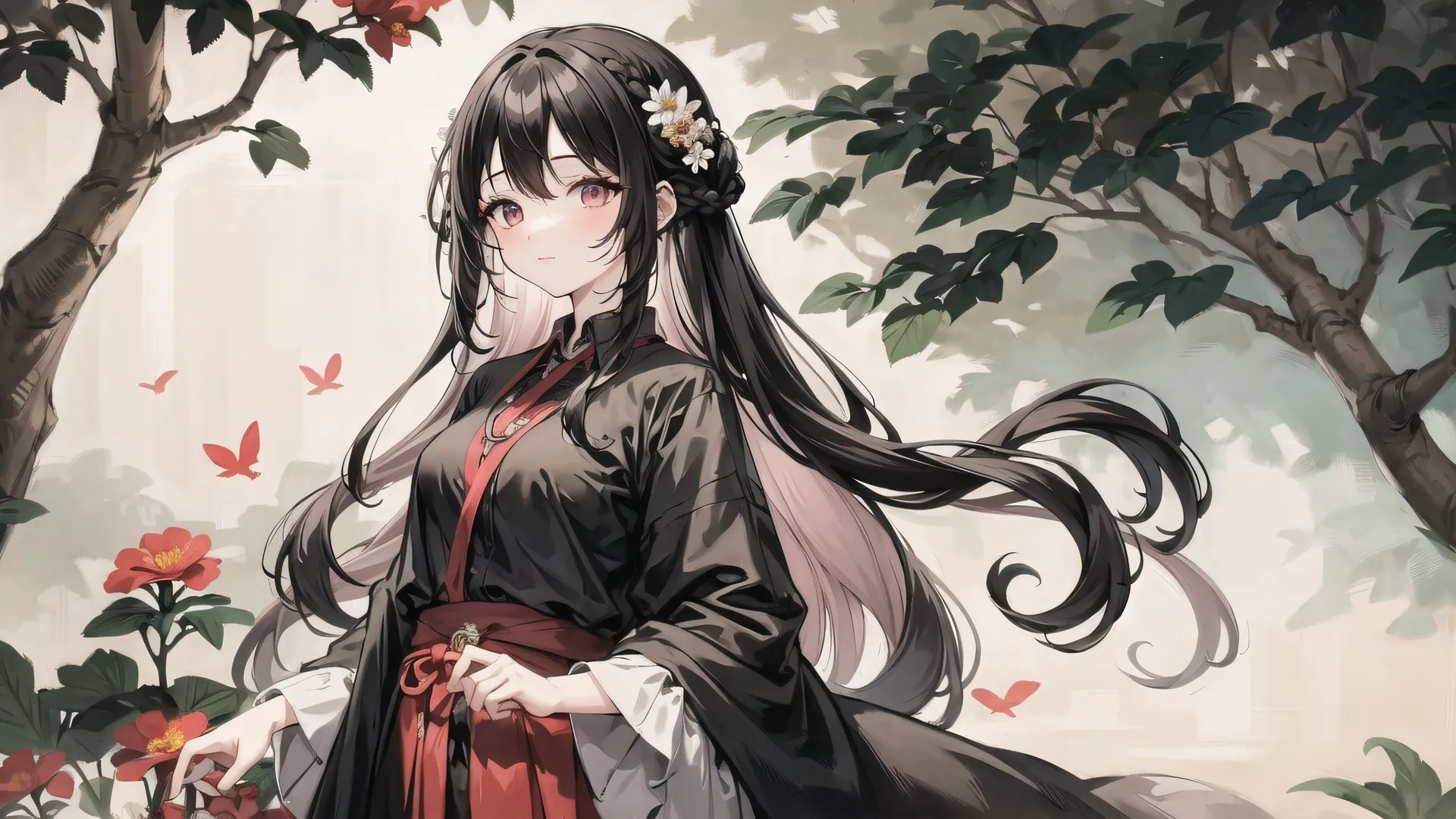 动画女孩 黑发 装饰 中国服饰 树叶 头发上的花 花 羽毛 电脑壁纸 4K壁纸