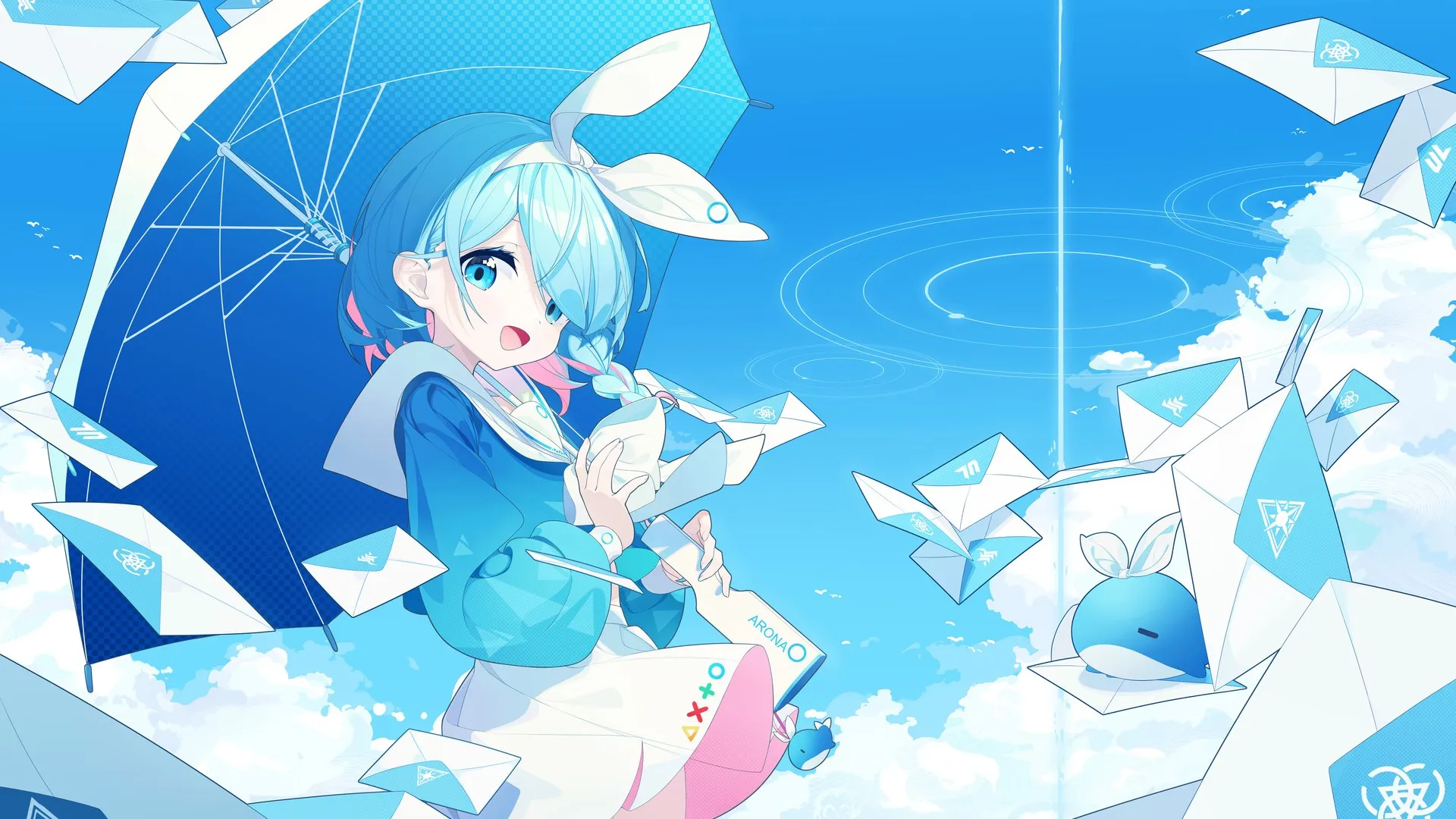 蓝眼睛 动漫 动漫女孩 蔚蓝档案 雨伞 字母 云 电脑壁纸 4K壁纸