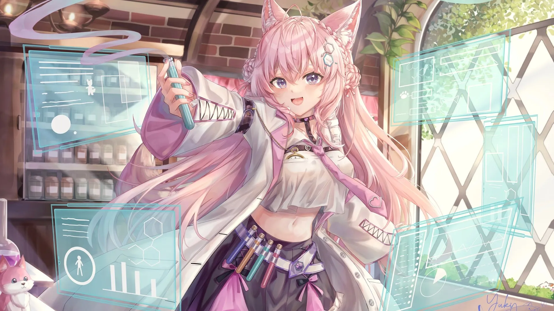 猫咪女孩 长发 粉色头发 蓝色眼睛 辫子 站着 电脑壁纸 4K壁纸