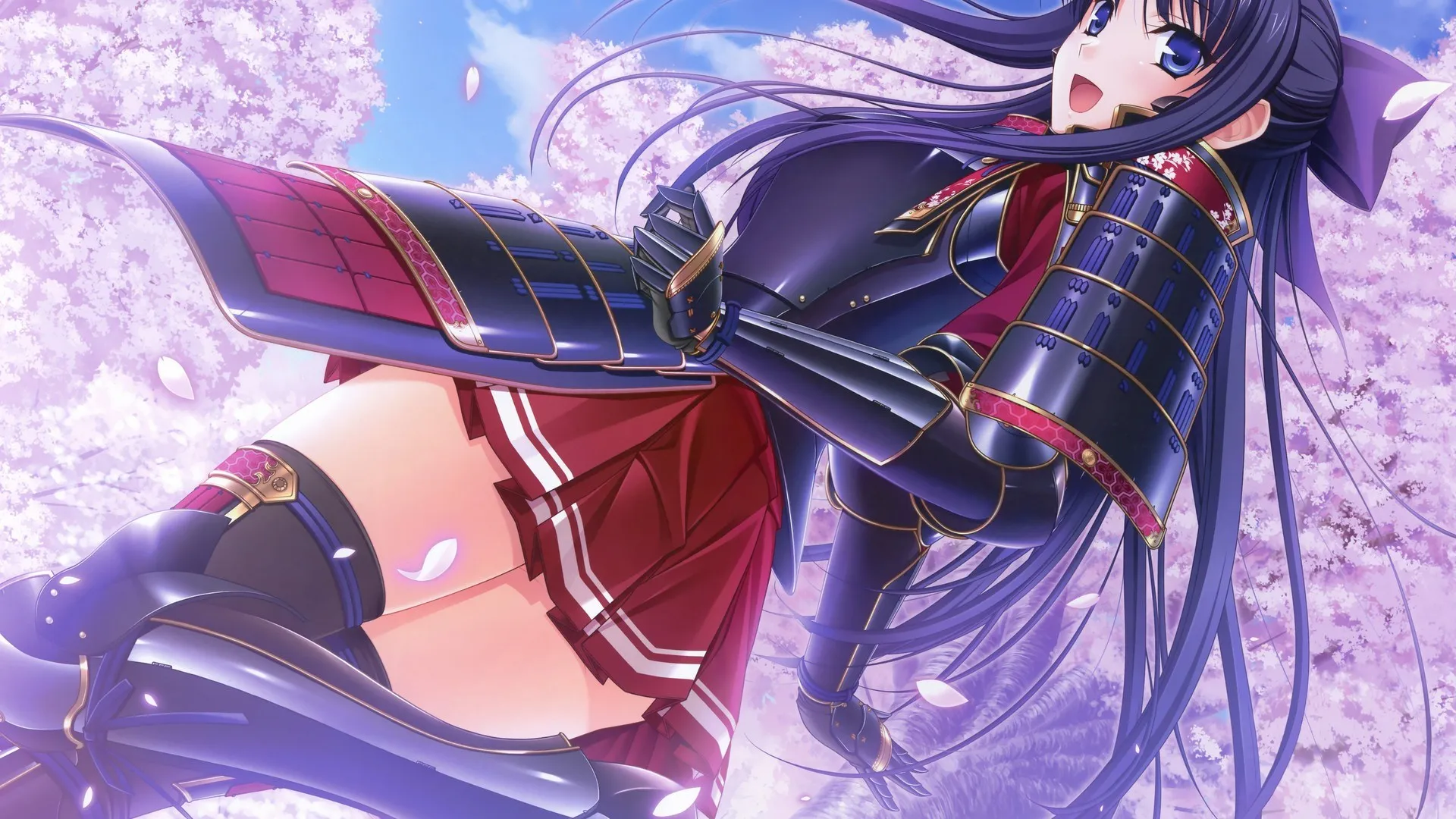 黑发 蓝眼睛 奇幻女孩 腿 紫色头发 武士 动漫女孩 樱花 电脑壁纸 4K壁纸