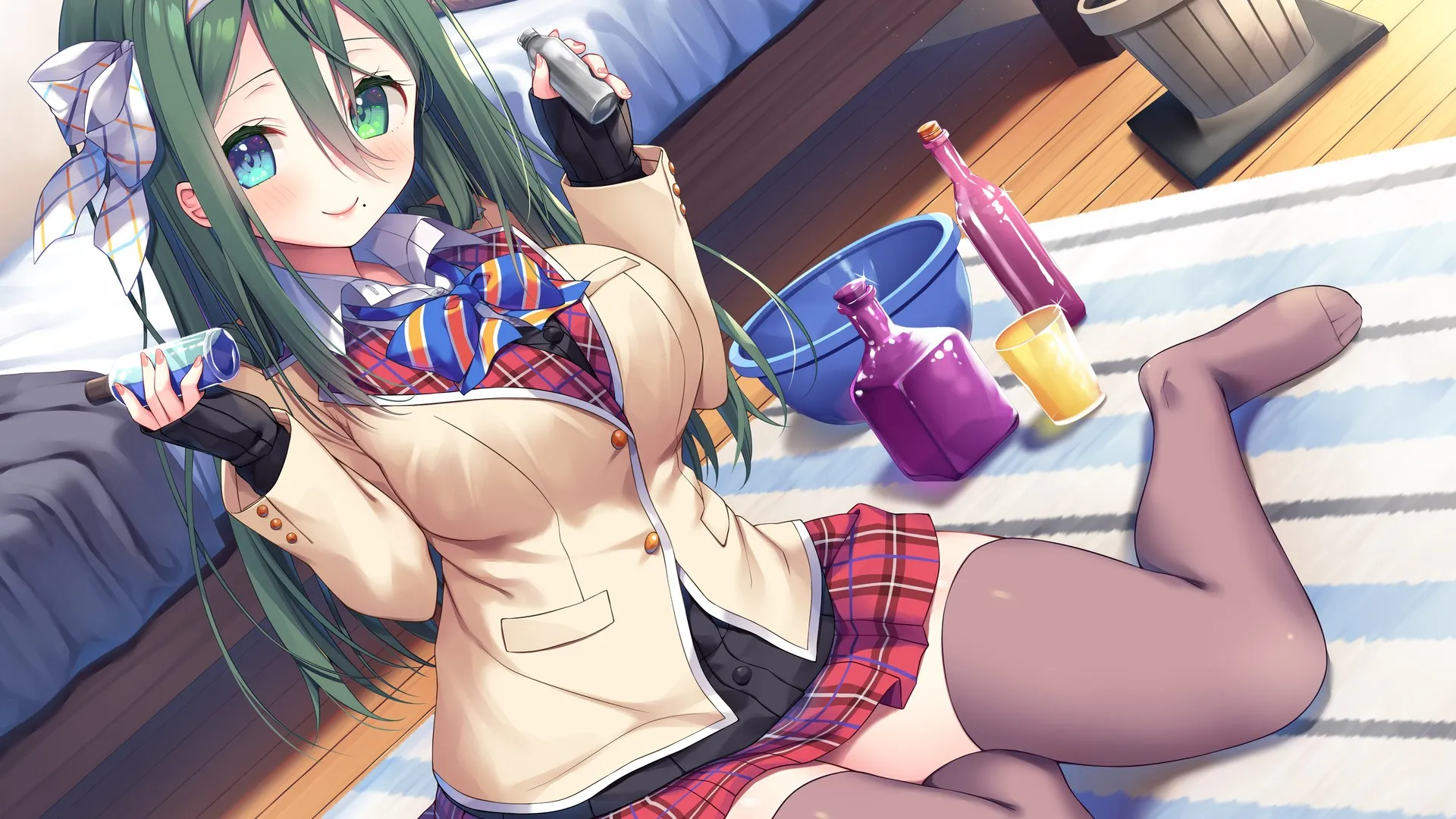 女学生 微笑 黑色丝袜 齐腿裤 校服 动漫女孩 电脑壁纸 4K壁纸