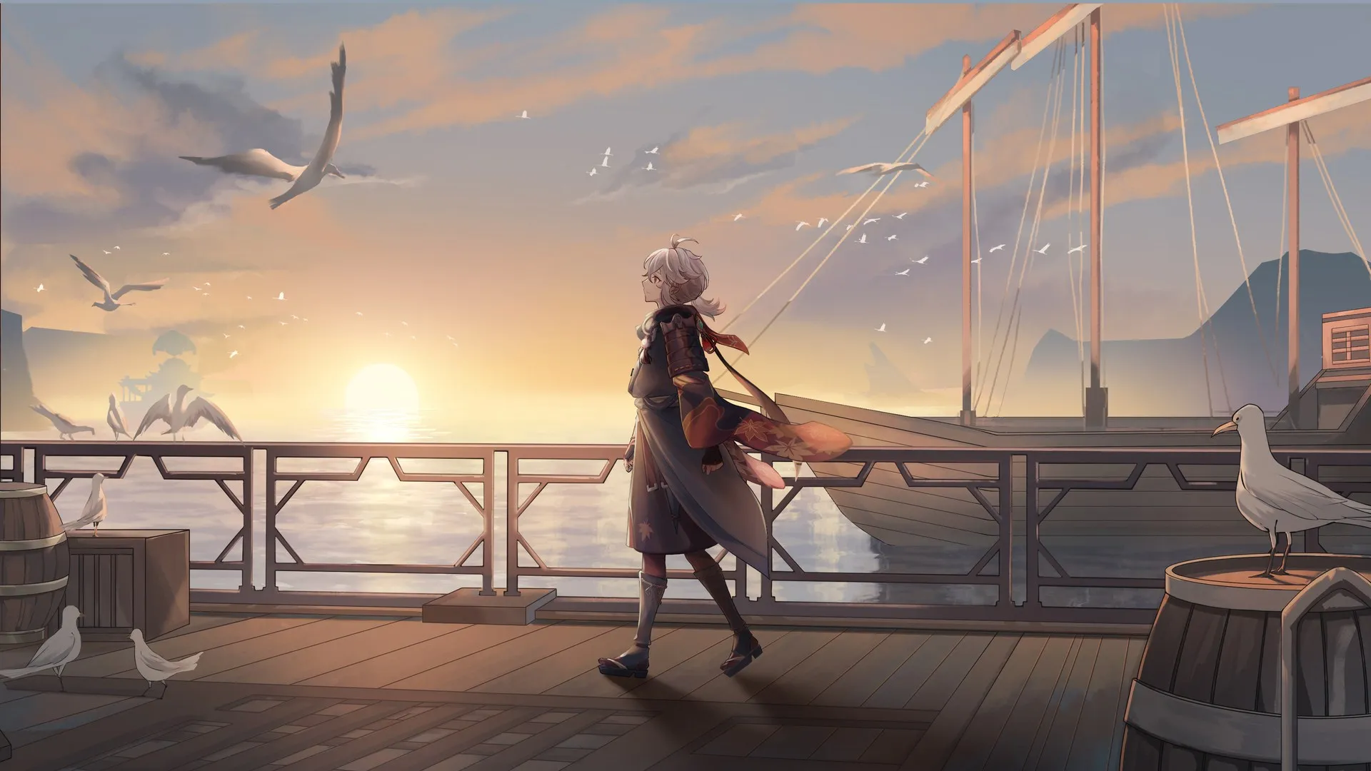 原神 动漫男孩 小鸟 夕阳辉光 电脑壁纸 4K壁纸