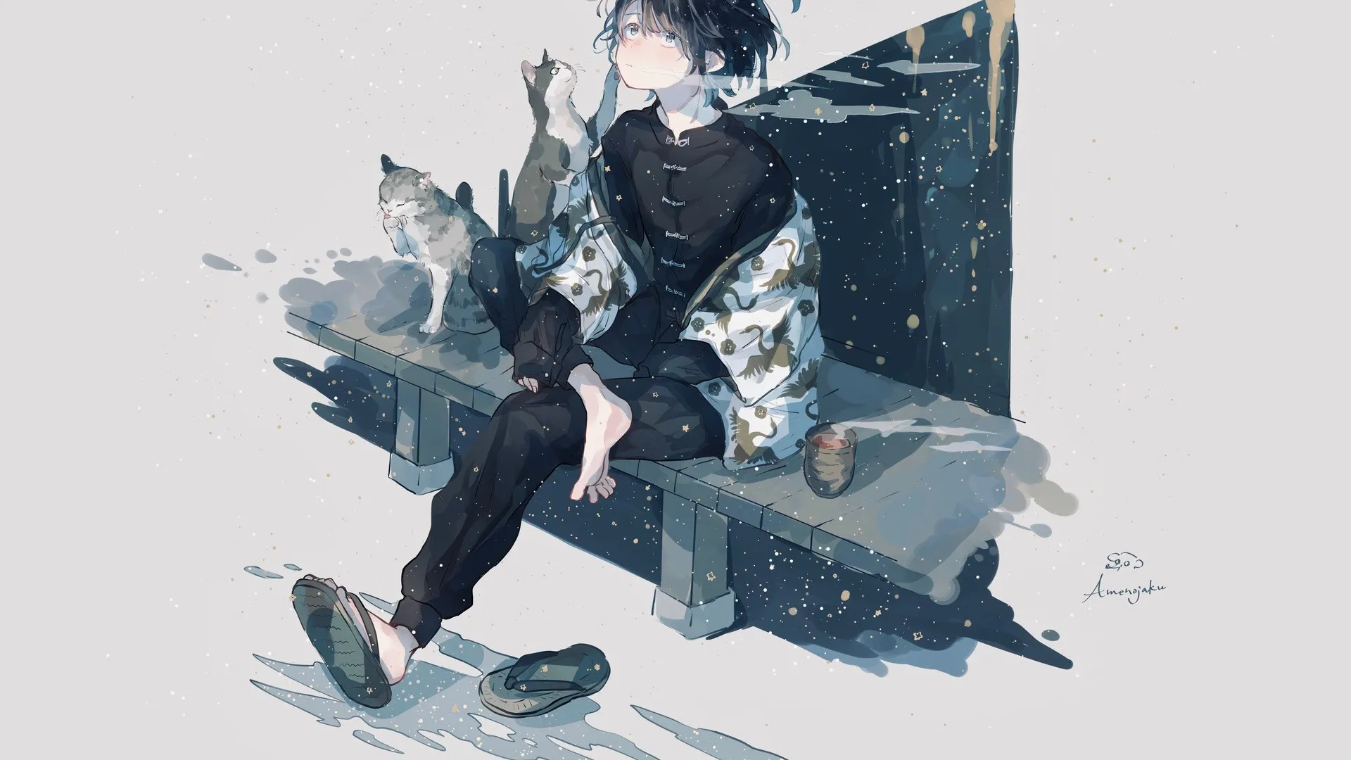 雨天 动漫 动漫男孩 猫 冬天 雪 茶 电脑壁纸 4K壁纸