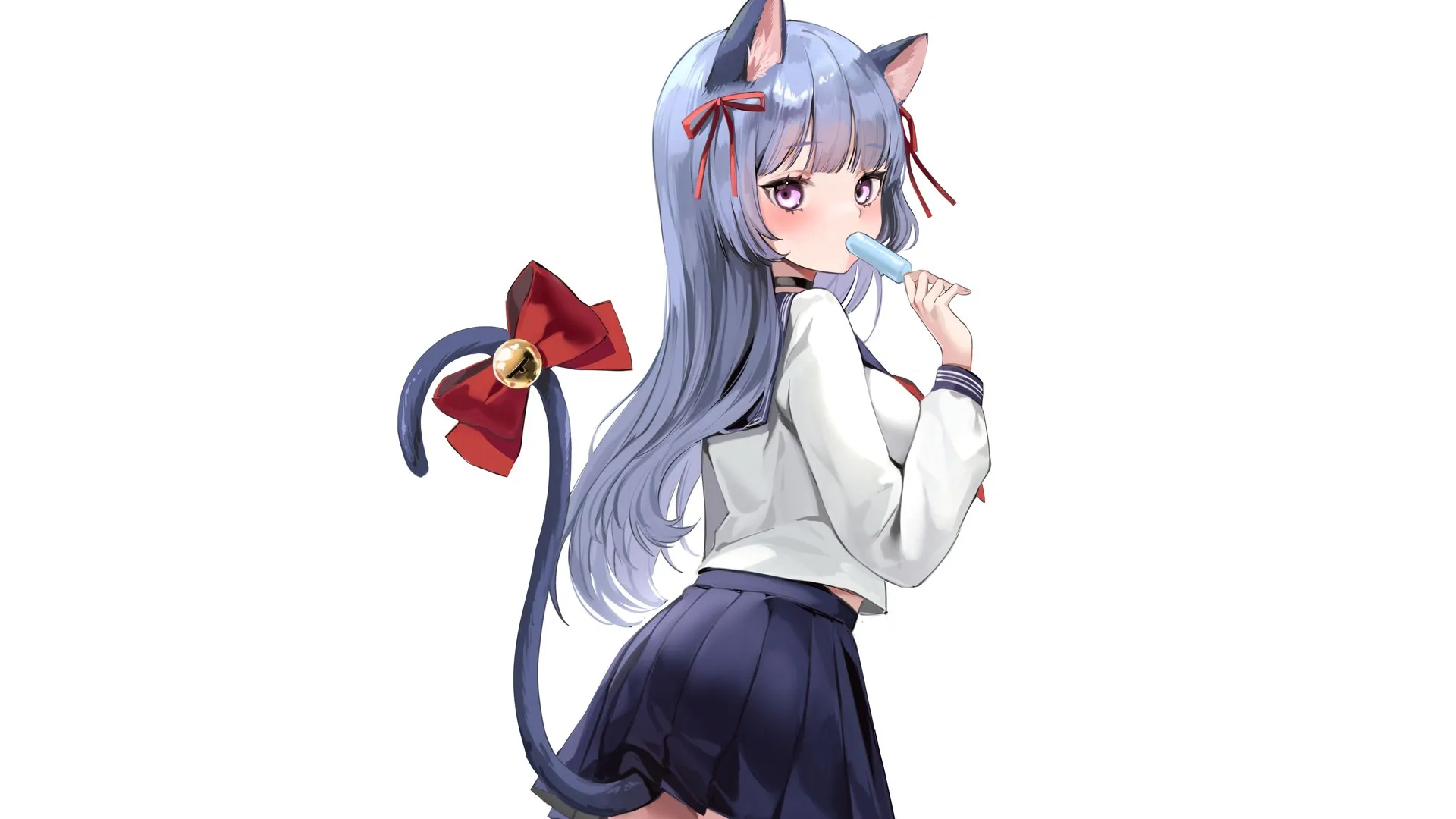 猫女孩 站立 动漫 动漫女孩 冰淇淋 校服 兽耳 尾巴 丝带 电脑壁纸 4K壁纸
