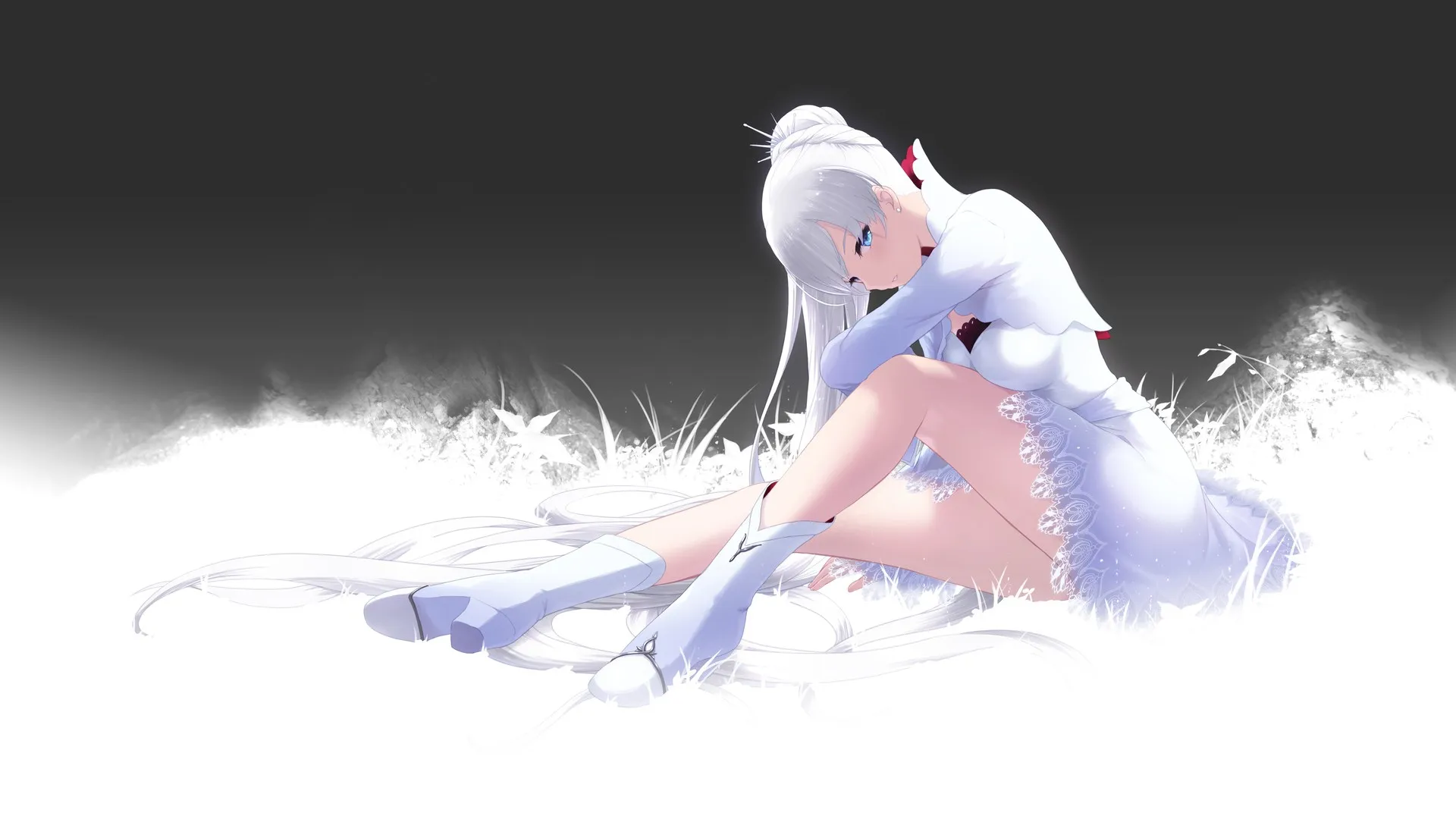 白发 马尾辫 长发 辫子 连衣裙 靴子 腮红 动漫 电脑壁纸 4K壁纸