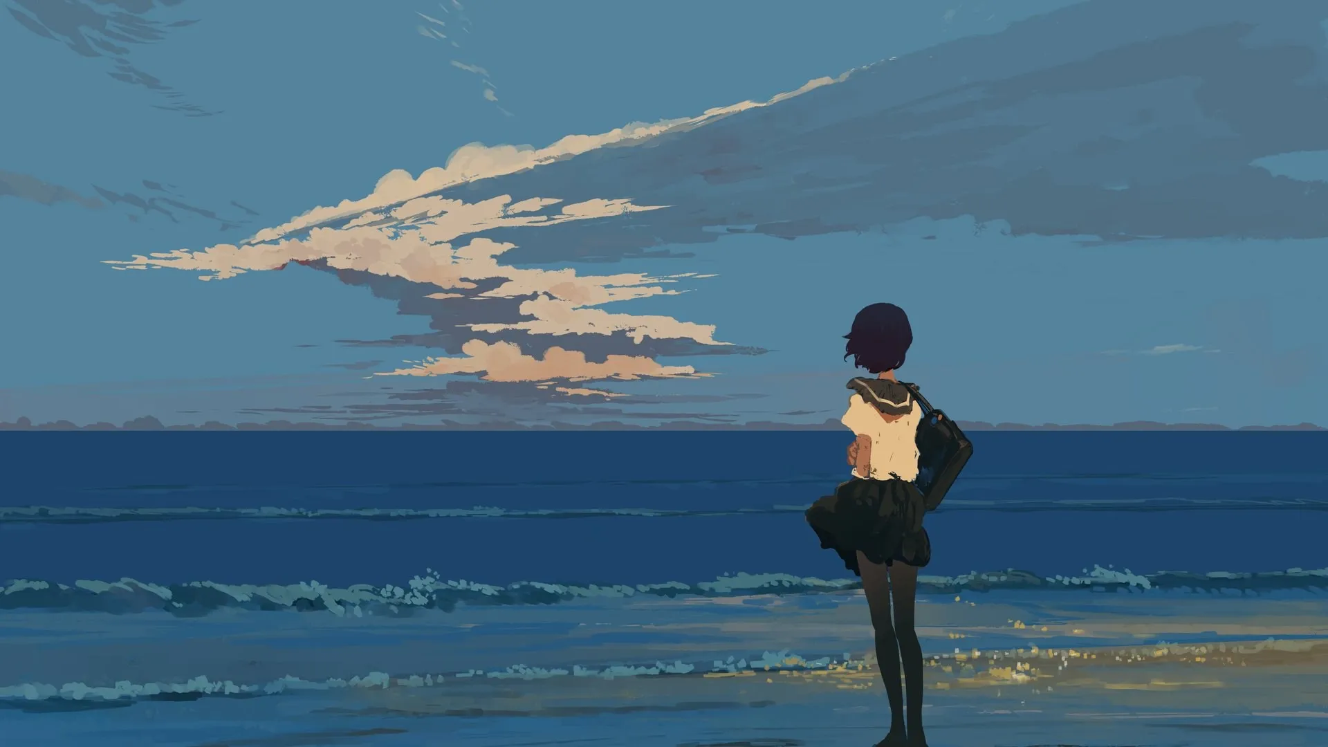 女学生 站立 校服 海滩 海边 日落 宁静 海浪 水 云 天空 AI艺术 电脑壁纸 4K壁纸