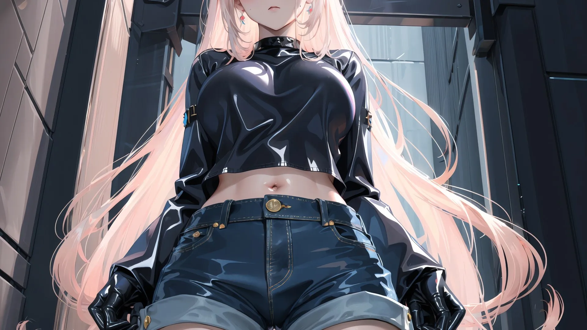 动漫女孩 往下看 脸红 低角度 腹部 手套 牛仔裤 4K壁纸