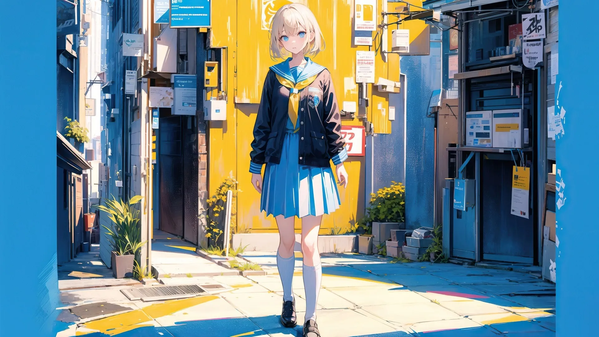 女学生 金发 蓝眼睛 动漫女孩 动漫 AI艺术 校服 街头 人工智能艺术 电脑壁纸 4K壁纸