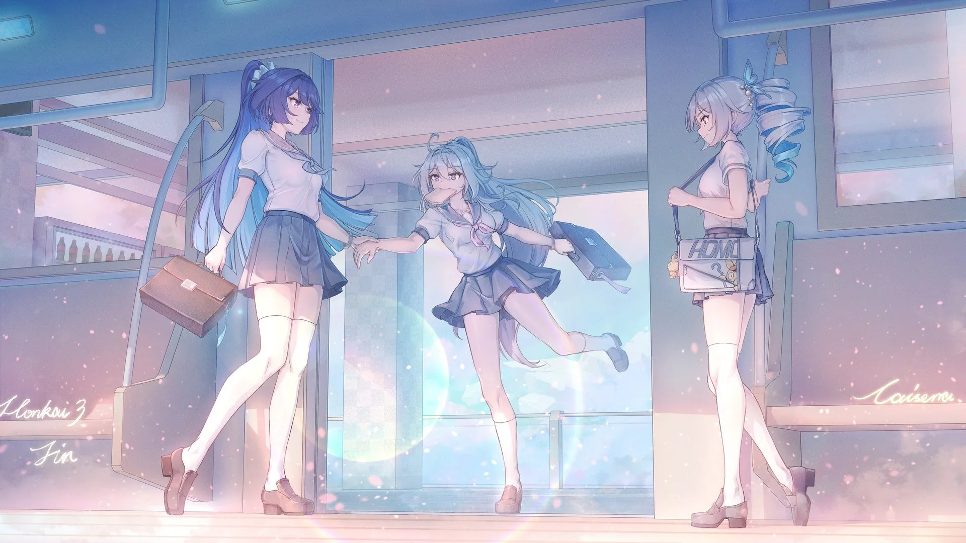 女学生 动漫女孩 动漫 校服 迷你裙 长袜 车站 裙子 原神 粉丝艺术 电脑壁纸 4K壁纸