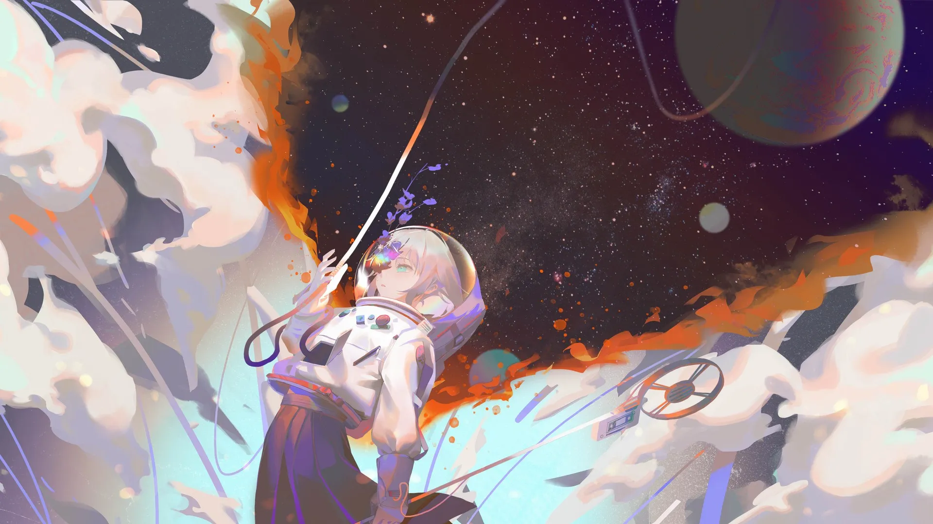 金发 短发 原创人物 动漫 动漫女孩 太空 宇航服 星星 电脑壁纸 8K壁纸