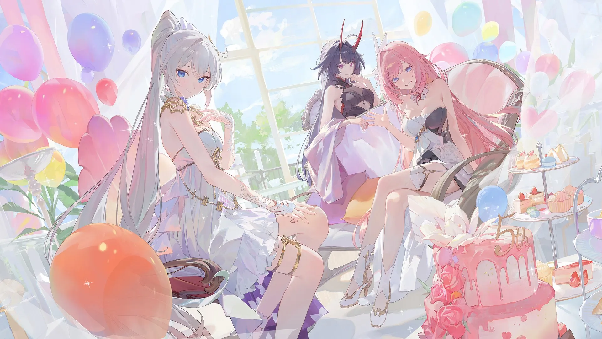 马尾辫 坐着 长发 挥手 微笑 动漫女孩 动漫游戏 气球 椅子 糖果 角 叶子 电脑壁纸 4K壁纸