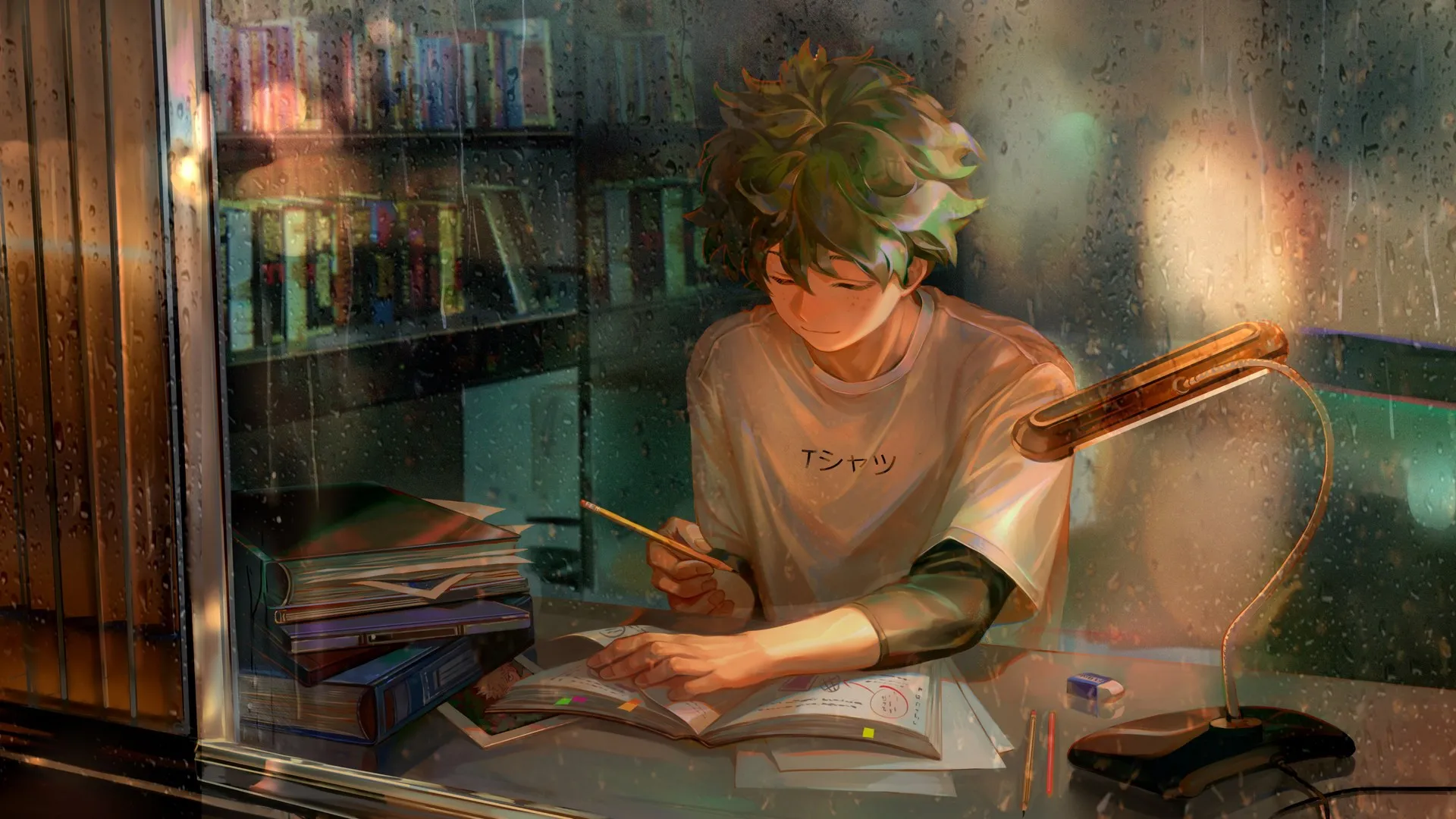 闭着的眼睛 动漫 动漫男孩 白衬衫 铅笔 书籍 橡皮擦 雨 窗户 玻璃 玻璃上的水 电脑壁纸 4K壁纸