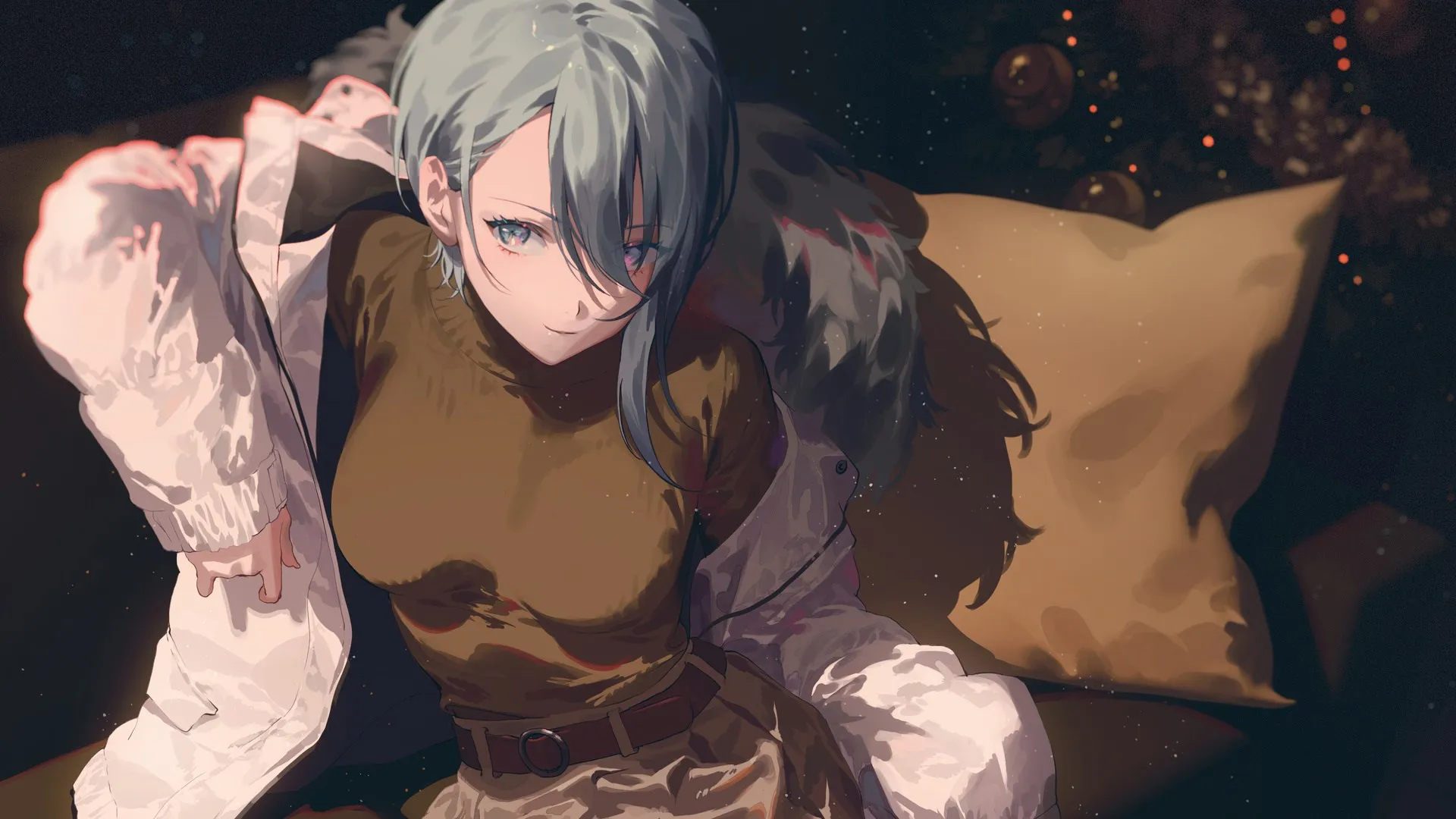 短发 蓝头发 蓝眼睛 毛衣 动漫女孩 枕头 电脑壁纸 4K壁纸