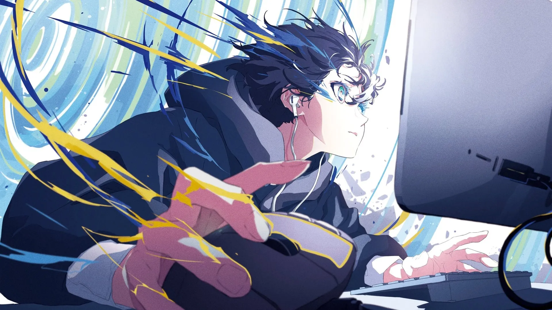 黑发 短发 绿眼睛 动漫 电脑鼠标 耳机 键盘 显示器 夹克 电线 动漫男孩 电脑壁纸 4K壁纸