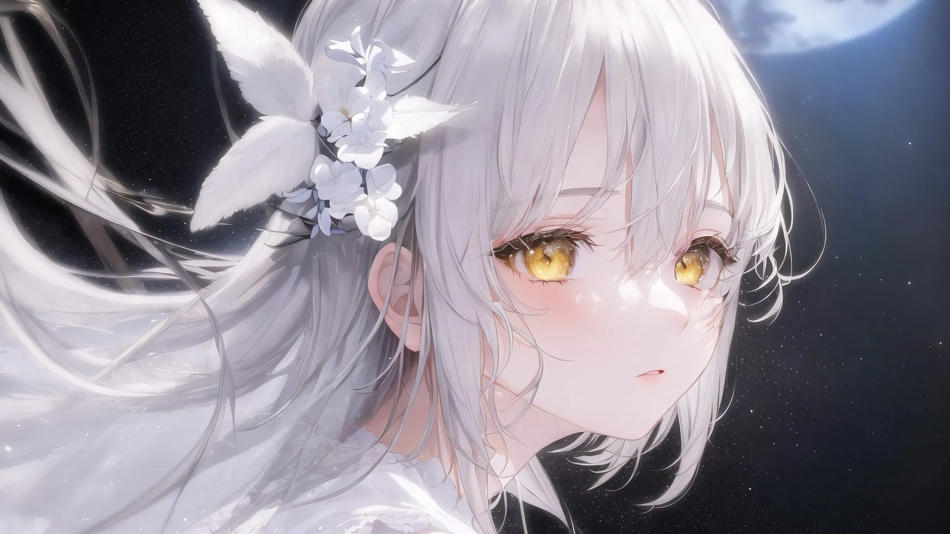 白发 长发 动漫 动漫女孩 黄眼睛 鲜花 白色衣服 头发上的花 人工智能艺术 电脑壁纸 4K壁纸